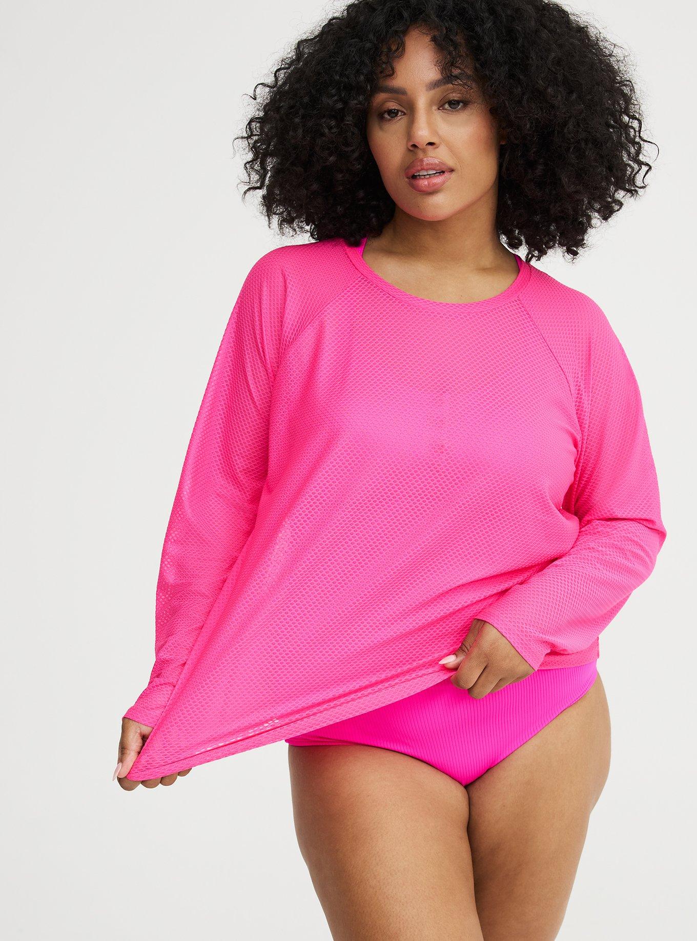 UPF Mesh Long Sleeve Swim Tee, NEON PINK SWIM, alternate
