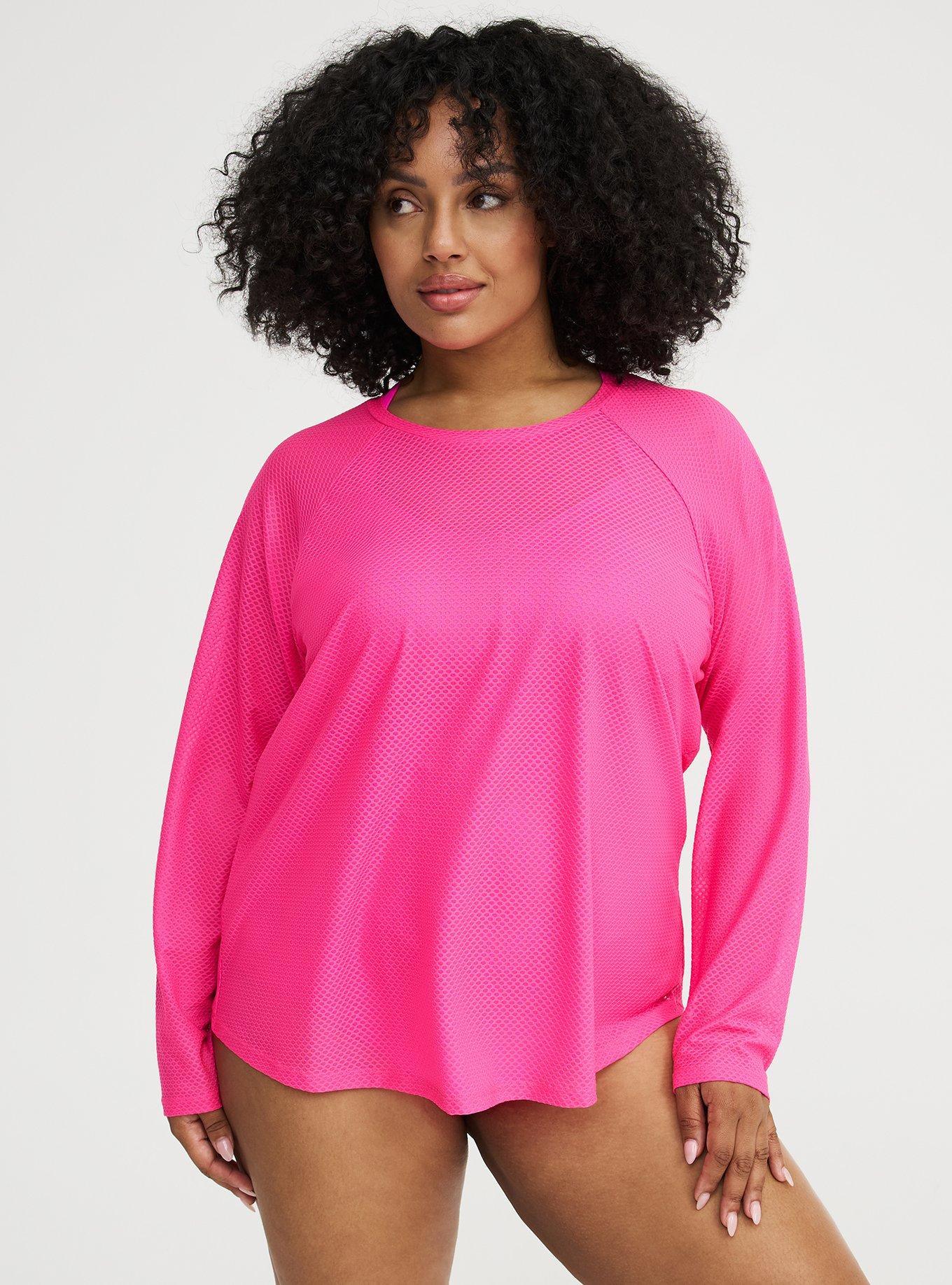 UPF Mesh Long Sleeve Swim Tee, NEON PINK SWIM, hi-res