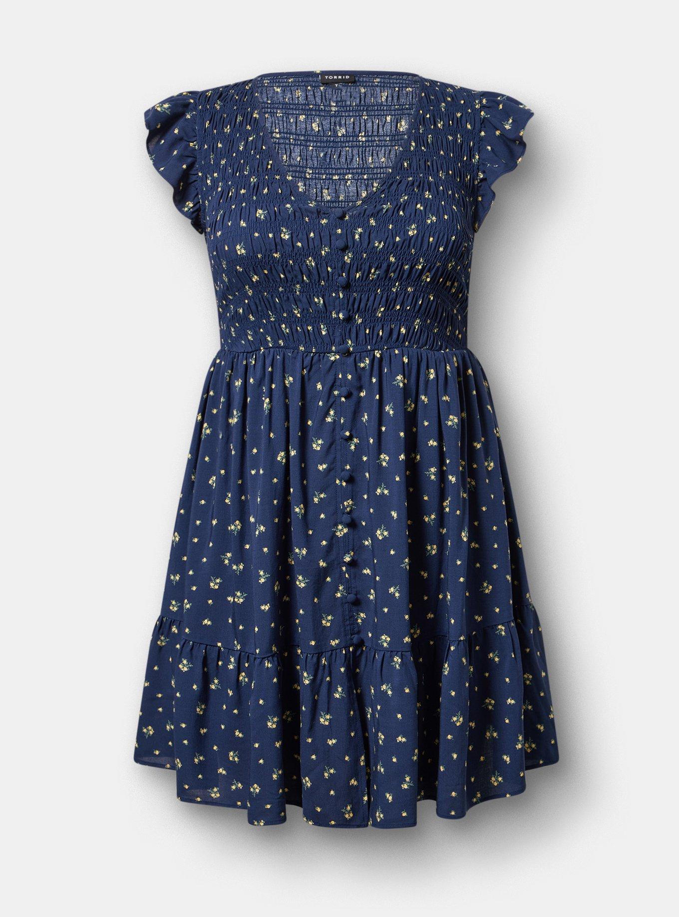 Smocked Bodice Mini Dress, MISTY DITSY FLORAL NAVY, hi-res