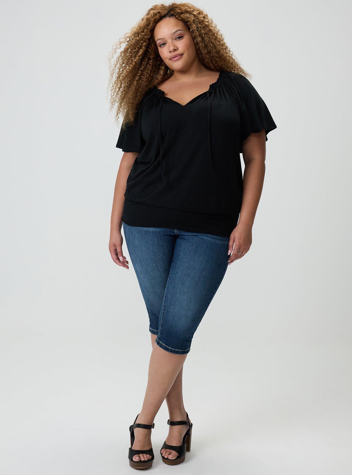 Flutter Sleeve Bottom Banded Top, DEEP BLACK, alternate