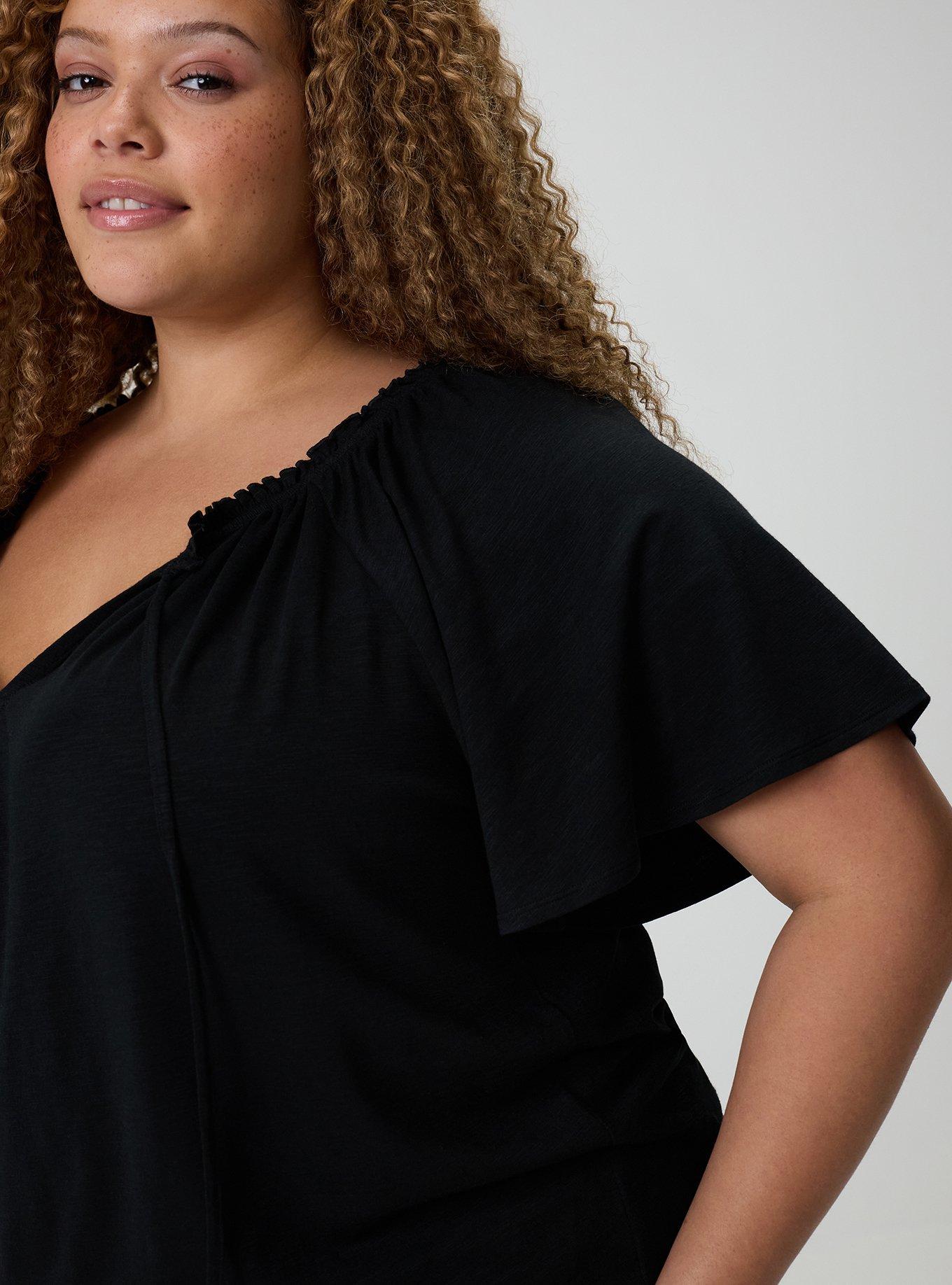 Flutter Sleeve Bottom Banded Top, DEEP BLACK, alternate