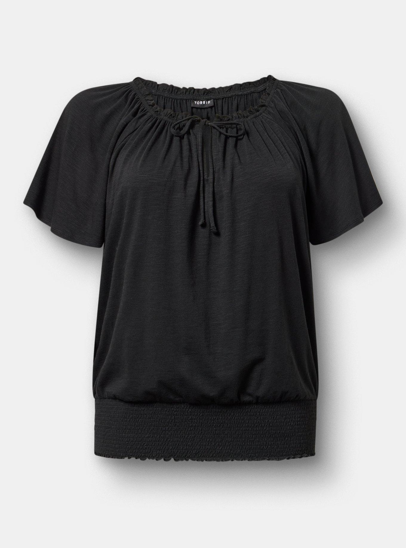 Flutter Sleeve Bottom Banded Top, DEEP BLACK, hi-res