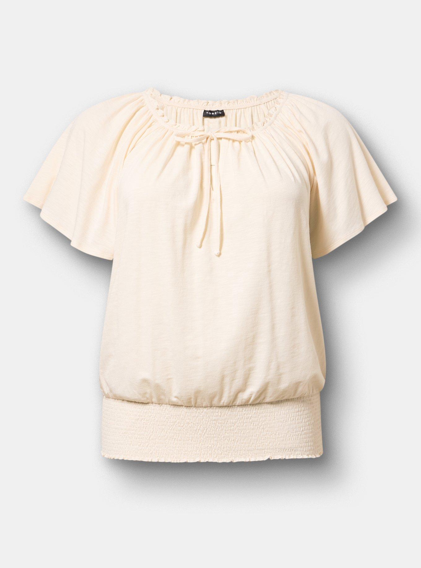 Flutter Sleeve Bottom Banded Top, WHISPER WHITE, hi-res