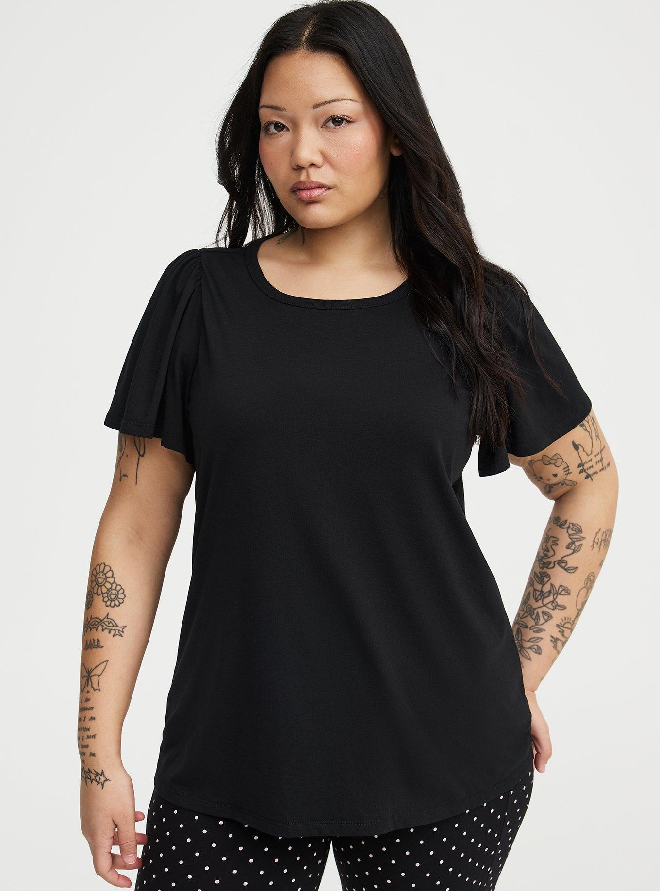 Signature Jersey Flutter Sleeve Crew Tee, DEEP BLACK, hi-res