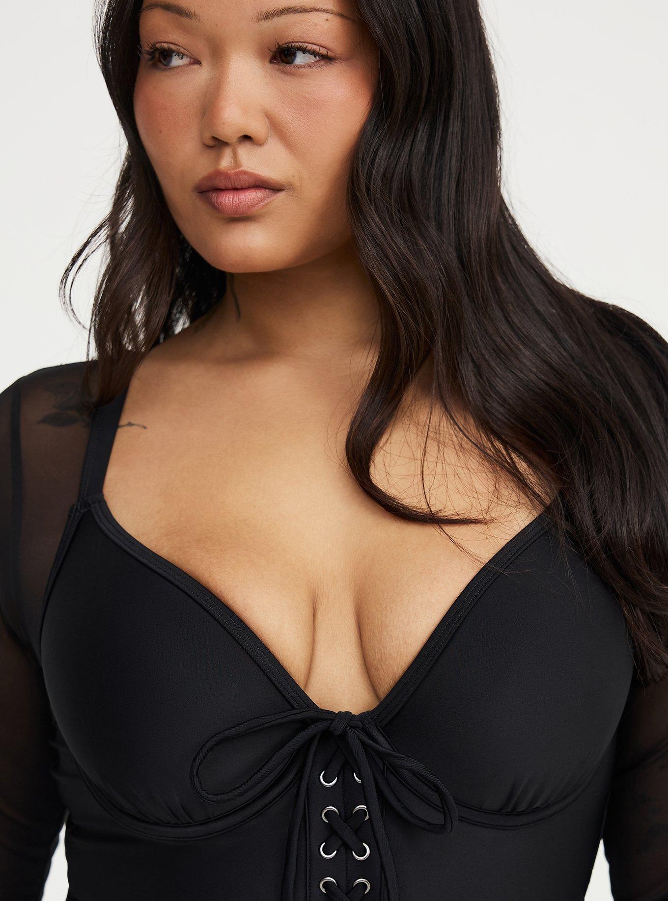 Nightfall Wired Mesh Sleeve Corset One-Piece Swimsuit, DEEP BLACK, alternate