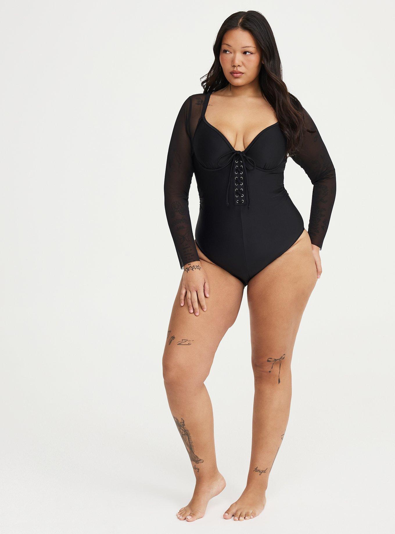 Nightfall Wired Mesh Sleeve Corset One-Piece Swimsuit, DEEP BLACK, alternate