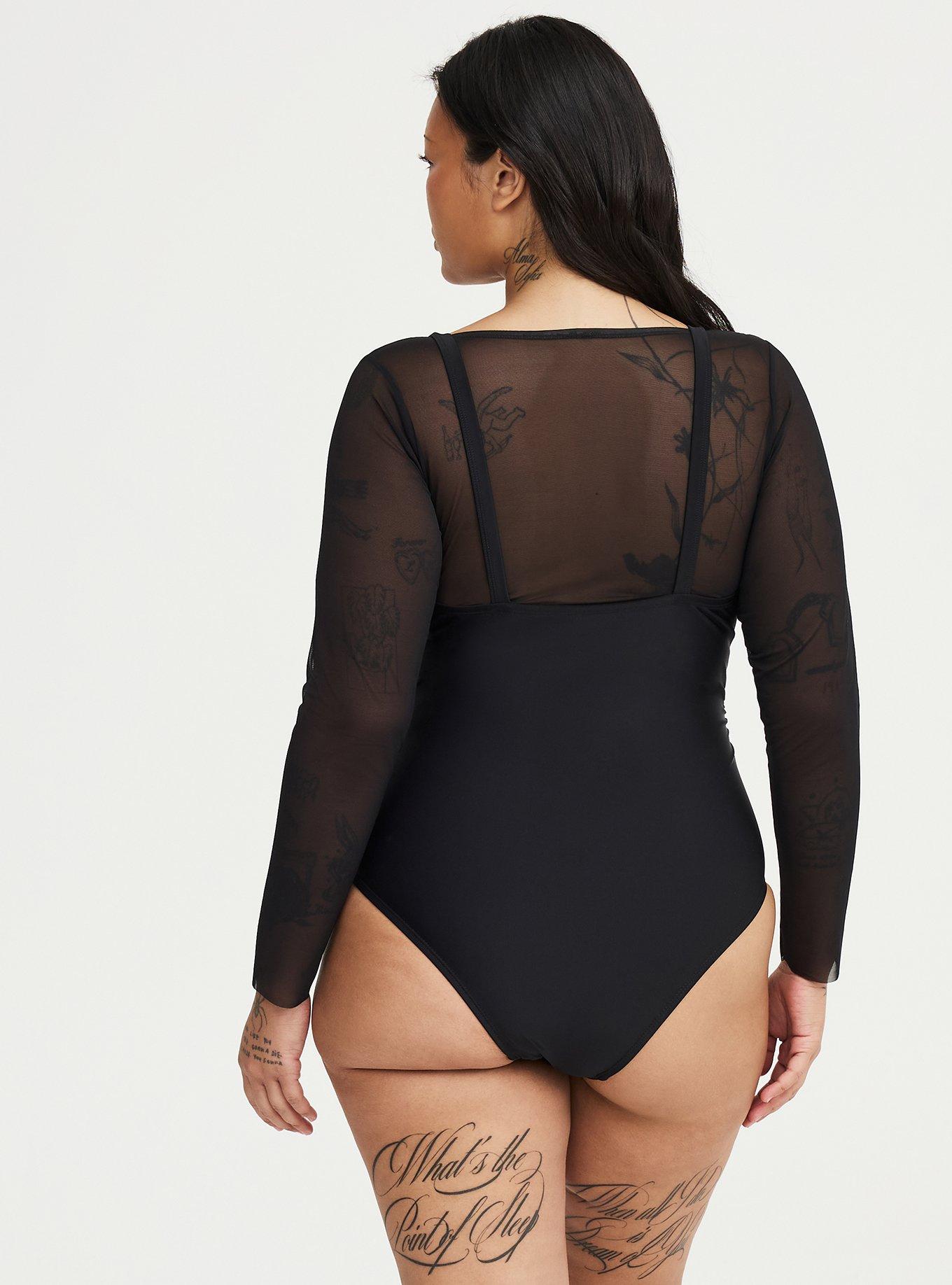 Nightfall Wired Mesh Sleeve Corset One-Piece Swimsuit, DEEP BLACK, alternate