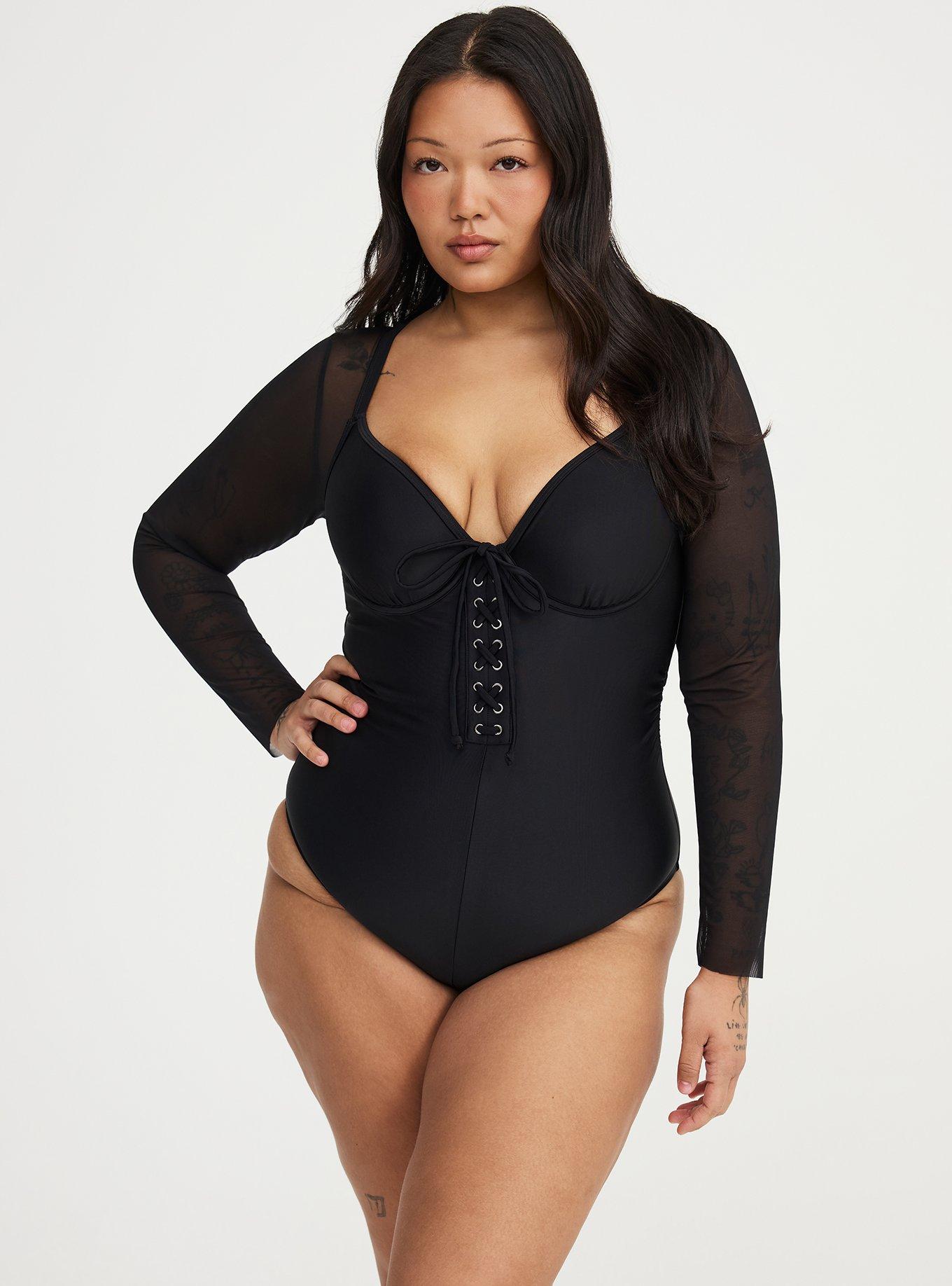 Nightfall Wired Mesh Sleeve Corset One-Piece Swimsuit, DEEP BLACK, alternate
