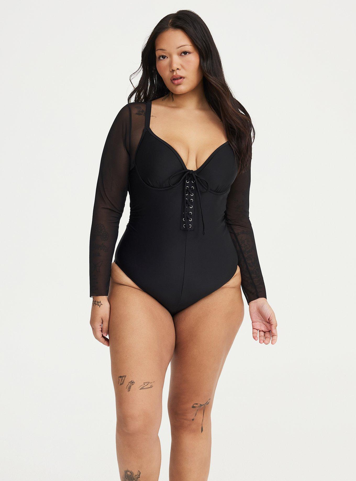 Nightfall Wired Mesh Sleeve Corset One-Piece Swimsuit, DEEP BLACK, alternate