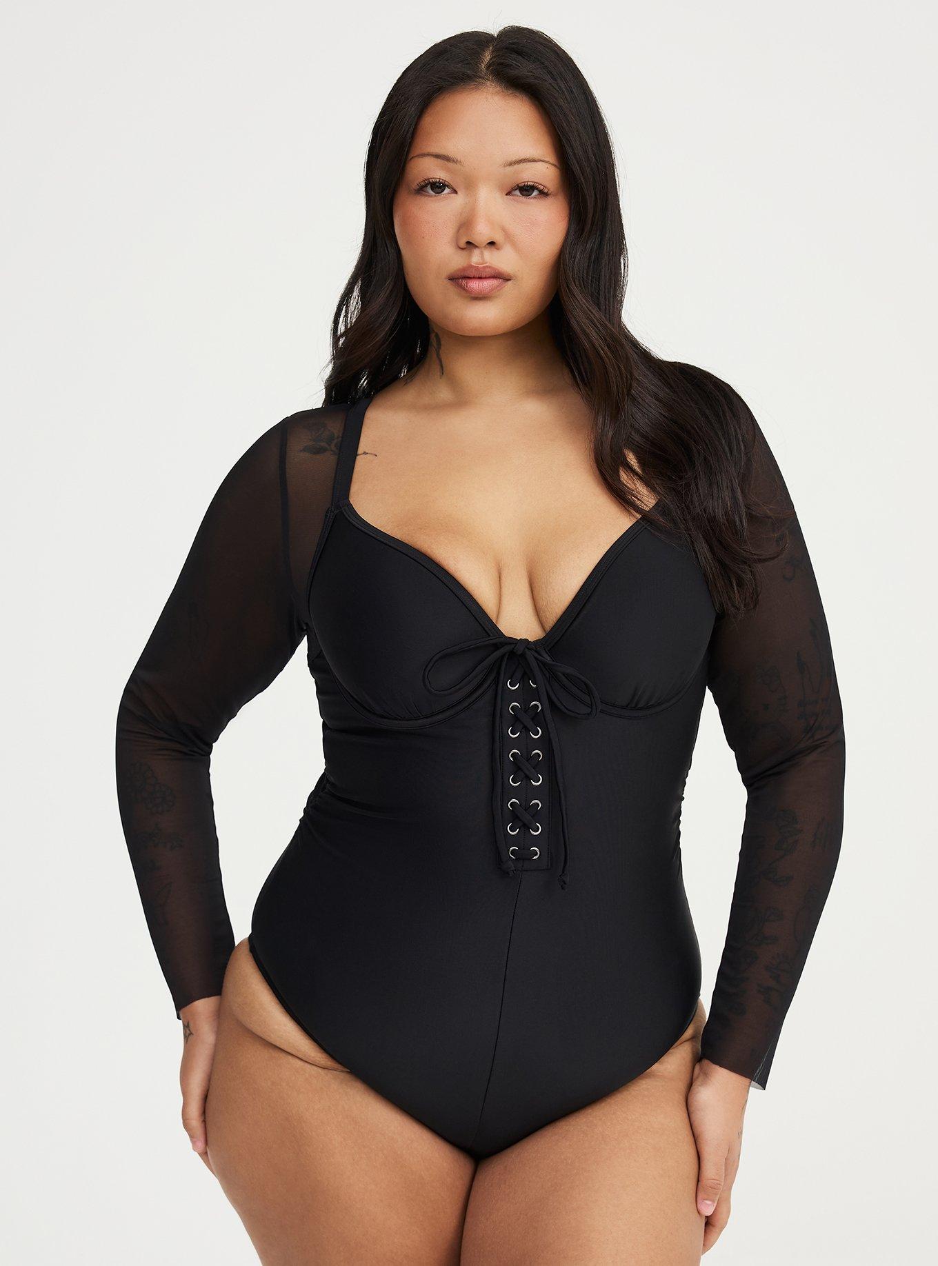Nightfall Wired Mesh Sleeve Corset One-Piece Swimsuit, DEEP BLACK, hi-res