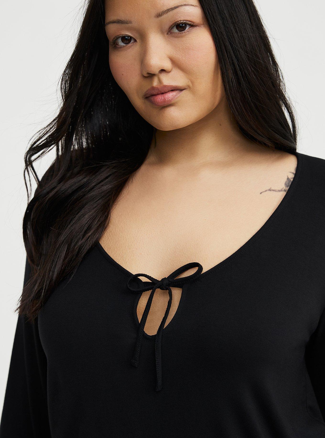Super Soft Jersey Tie Front Lounge Top, DEEP BLACK, alternate