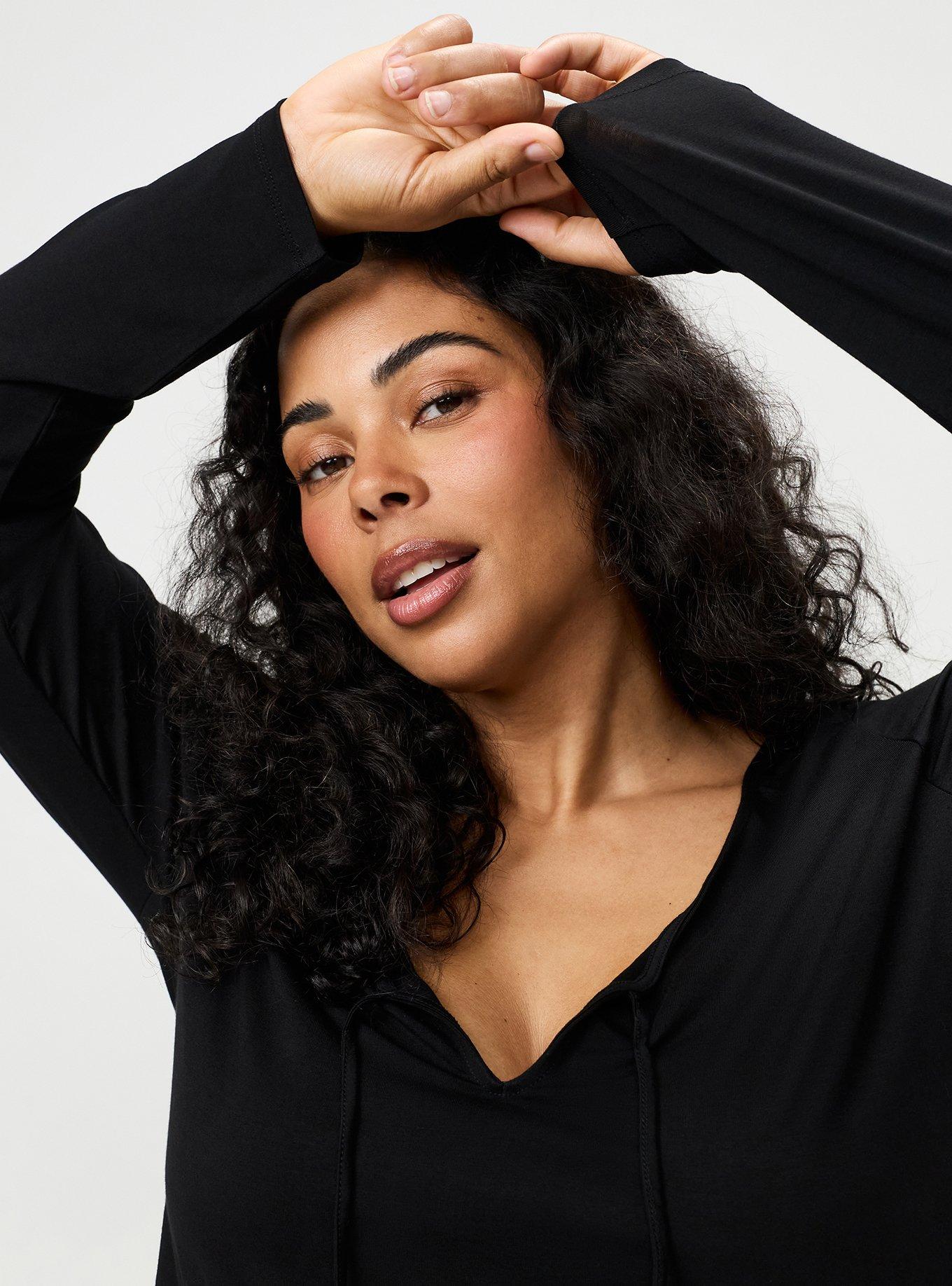 Super Soft Jersey Tie Front Lounge Top, DEEP BLACK, alternate