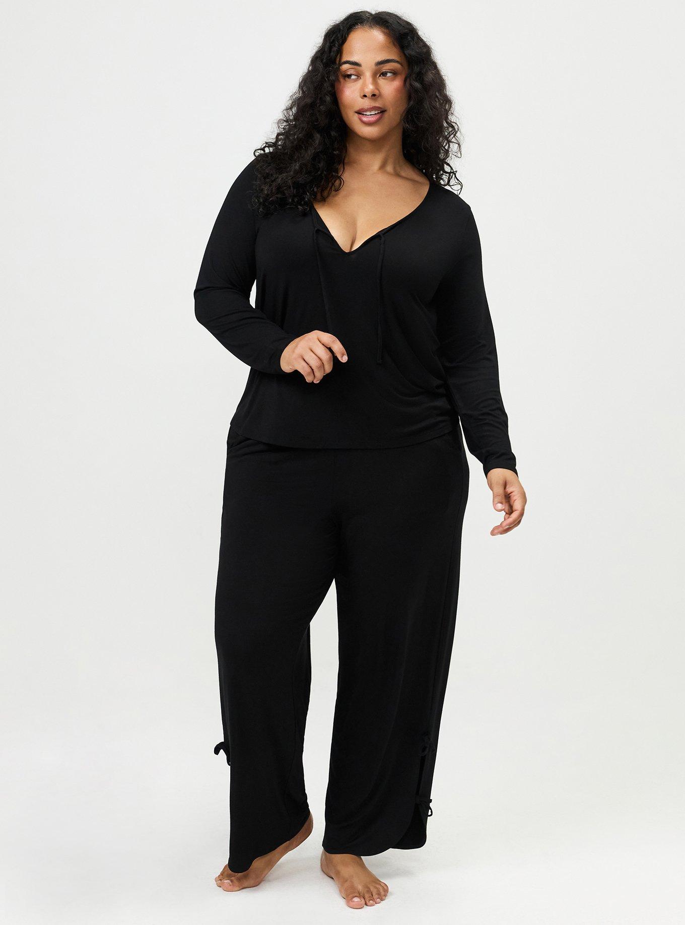 Super Soft Jersey Tie Front Lounge Top, DEEP BLACK, alternate