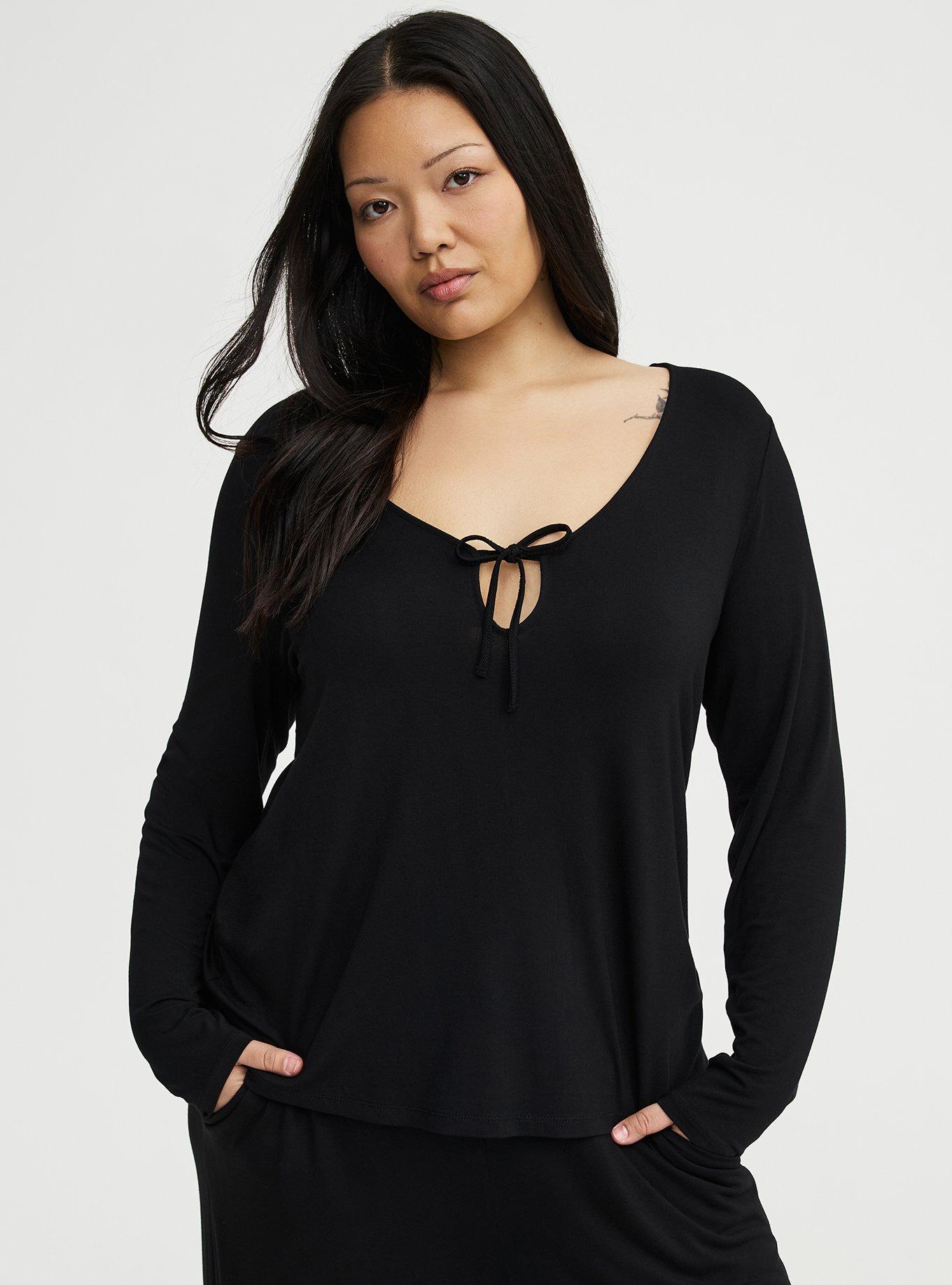 Super Soft Jersey Tie Front Lounge Top, DEEP BLACK, hi-res