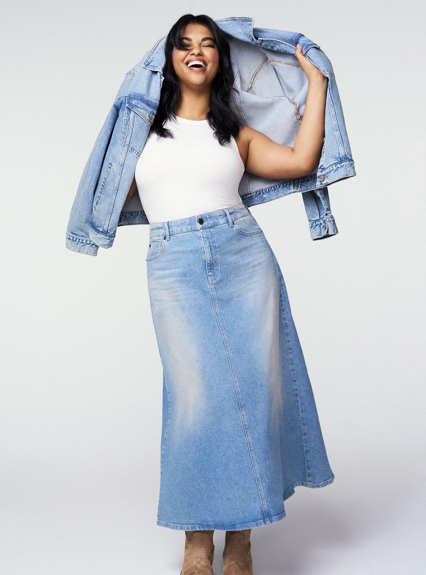 Denim Tea Length Skirt, DIAMOND LANE, hi-res