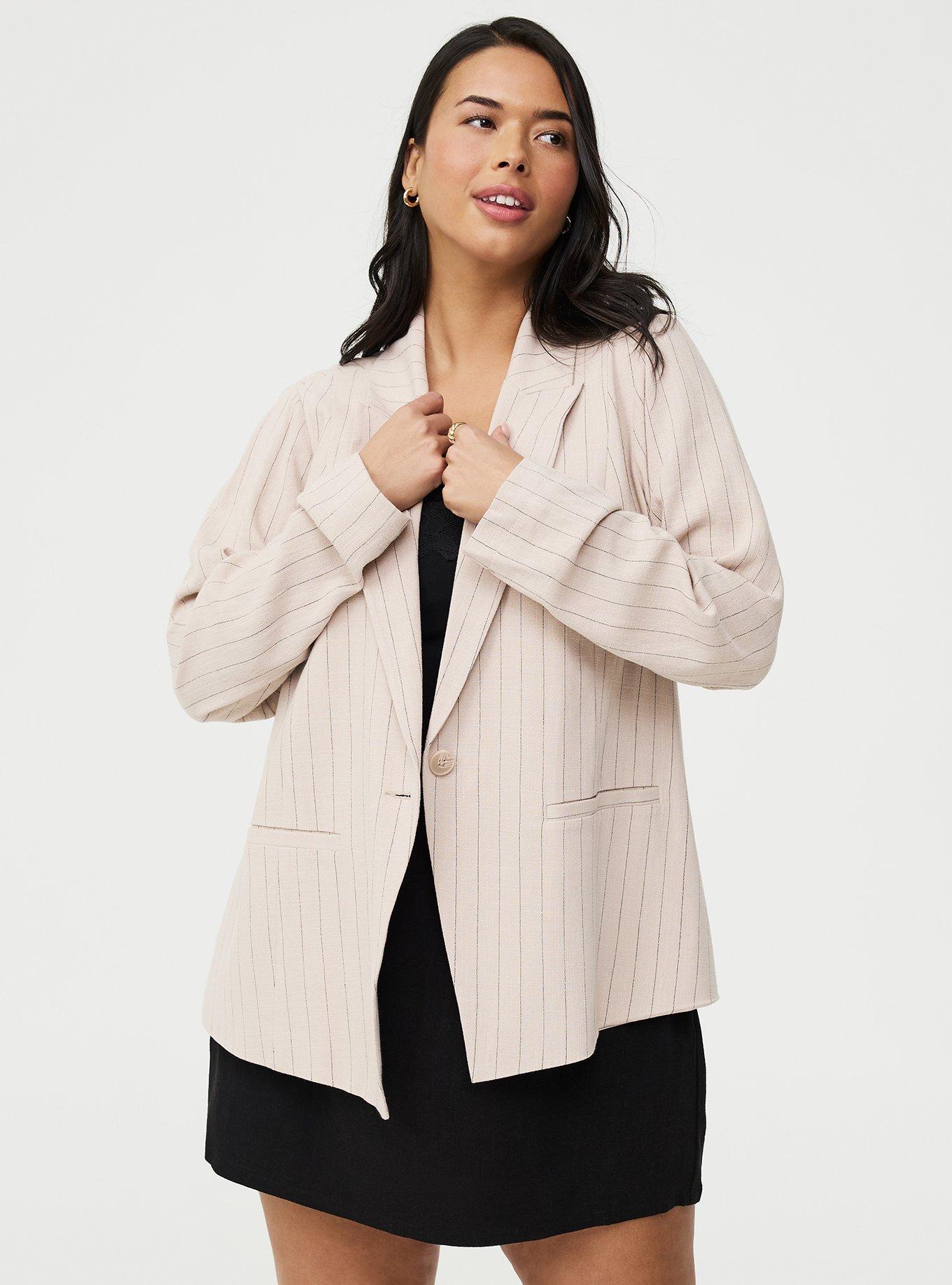 Plus Size Relaxed Blazer, MUSHROOM PINSTRIPE, hi-res