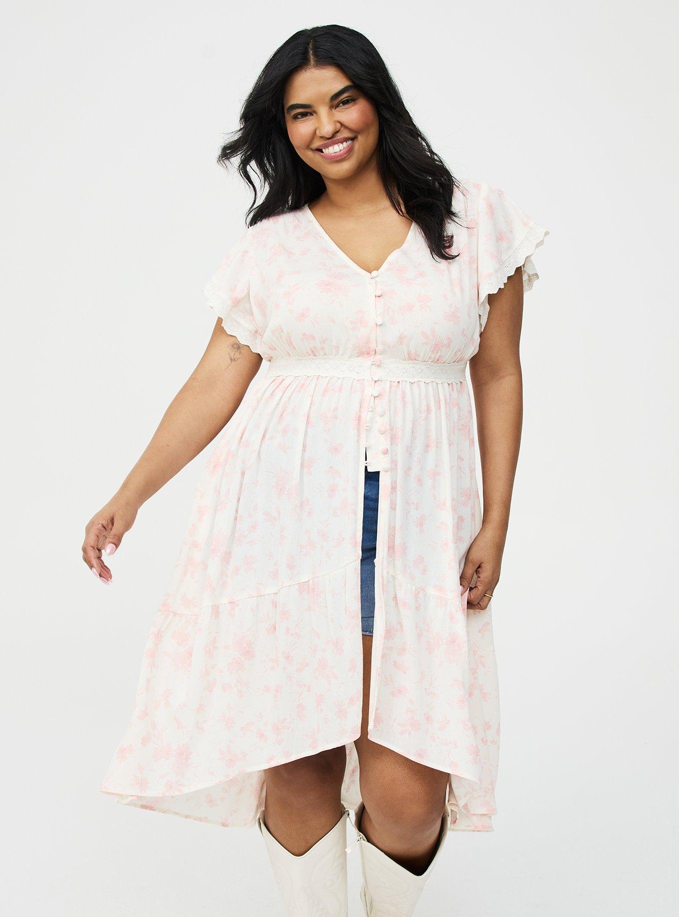 Lace Trim Button Front Tunic Top, REFRESHING SUNFLOWER FLORAL PINK, hi-res