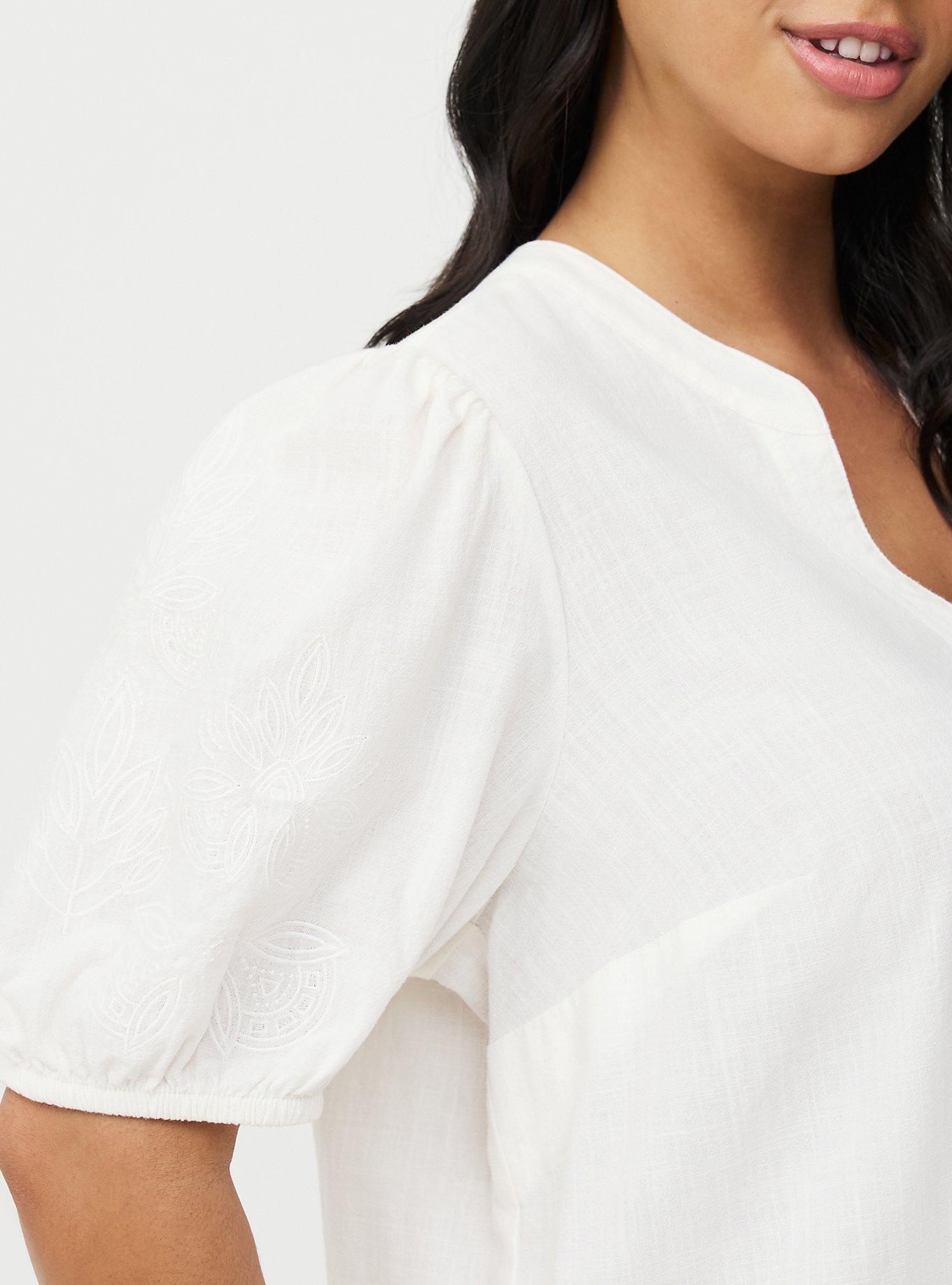 Puff Sleeve Top with Embroidery, WHISPER WHITE, alternate
