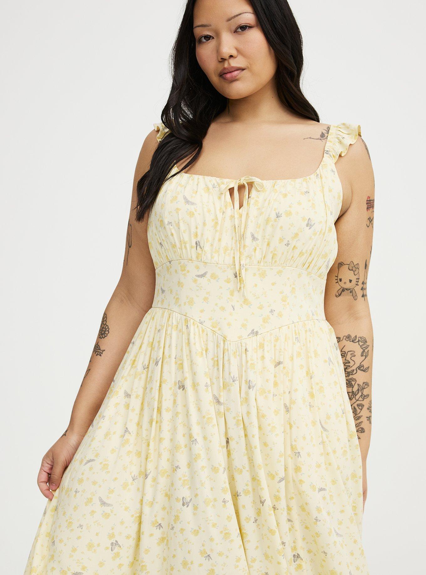 Corset Detail Midi Dress, BUGGING FLORAL YELLOW, alternate
