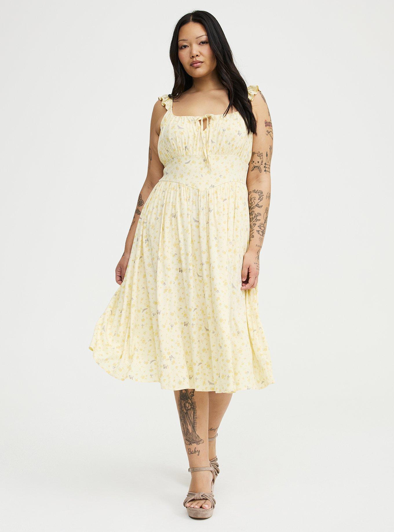 Corset Detail Midi Dress, BUGGING FLORAL YELLOW, hi-res