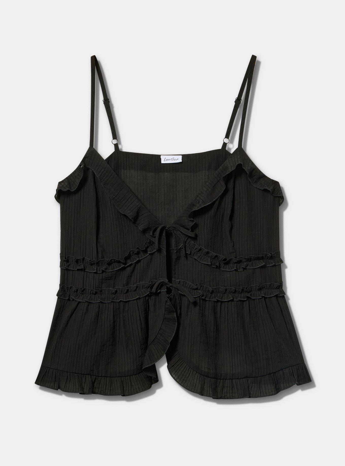 LoveSick Tie Front Tiered Flyaway Cami, DEEP BLACK, flat