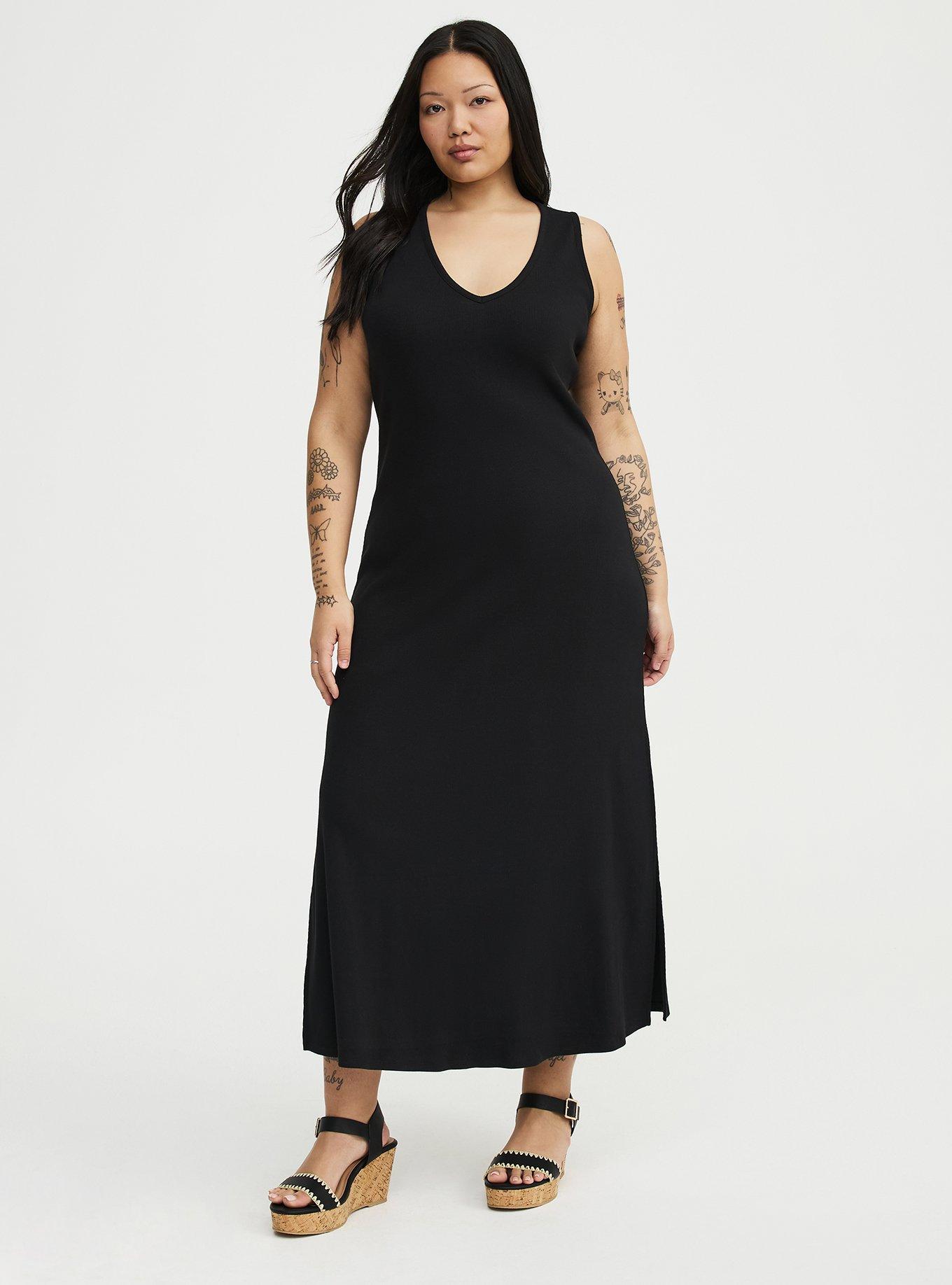 Ribbed V-Neck Maxi Dress, DEEP BLACK, hi-res