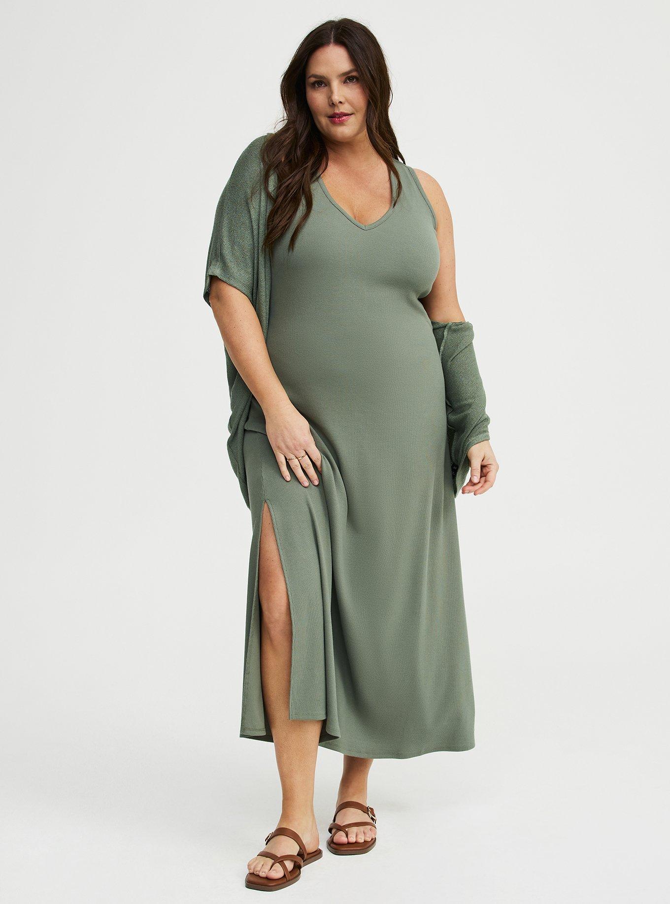Ribbed V-Neck Maxi Dress, AGAVE GREEN, alternate