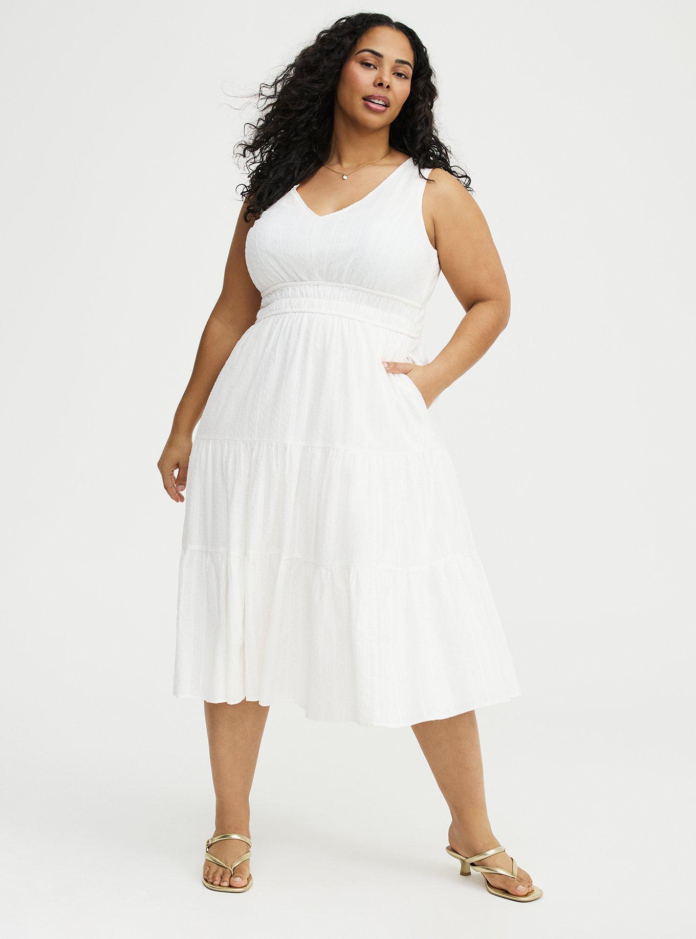 V-Neck Tea Length Dress, CLOUD DANCER, hi-res