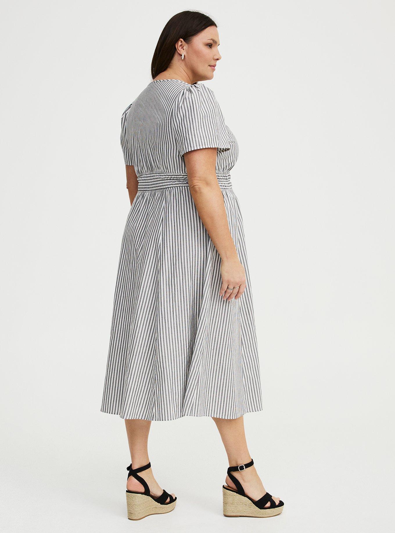 Y-Neck Tea Length Dress, MORA STRIPE WHITE, alternate