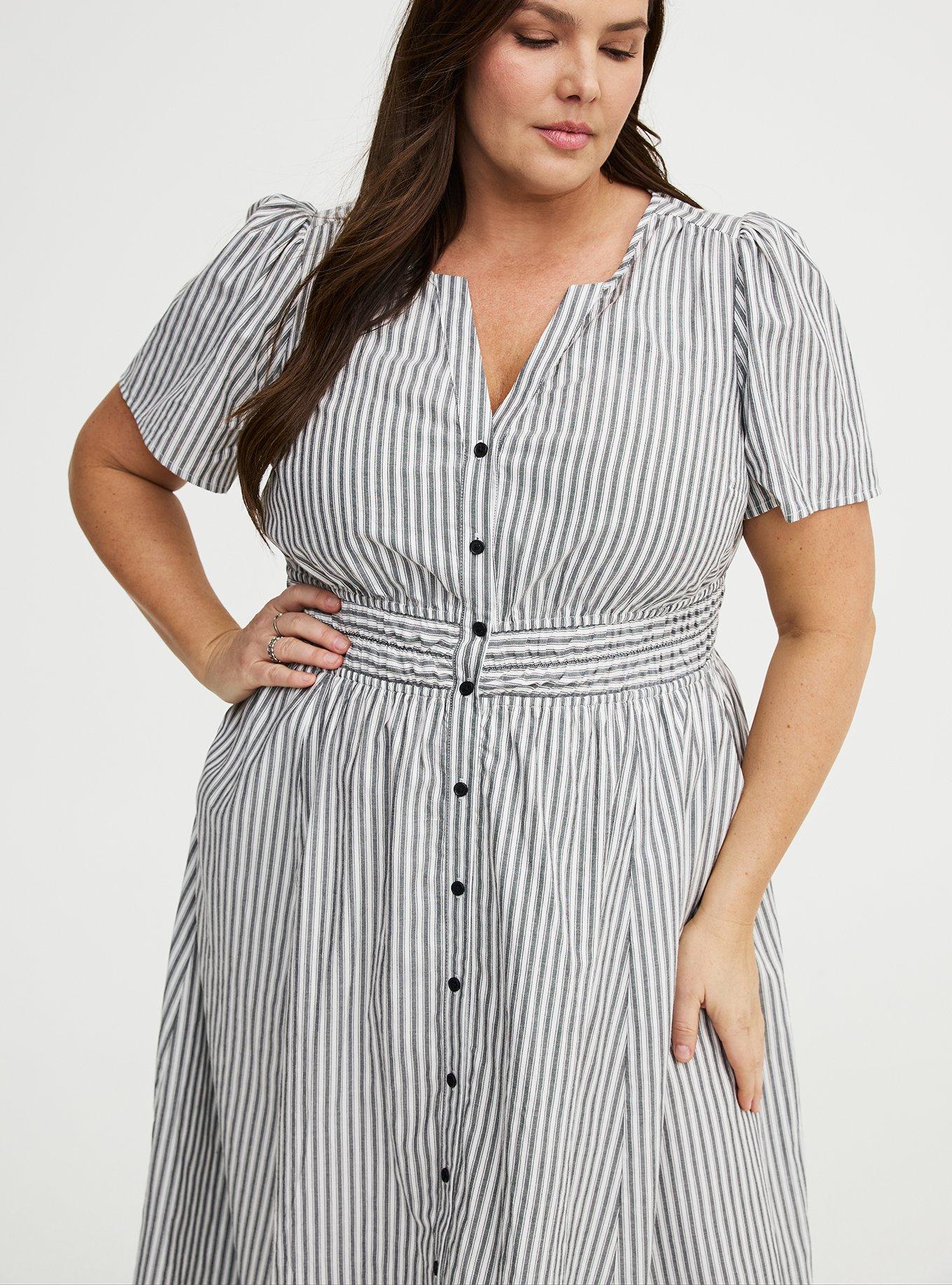 Y-Neck Tea Length Dress, MORA STRIPE WHITE, alternate