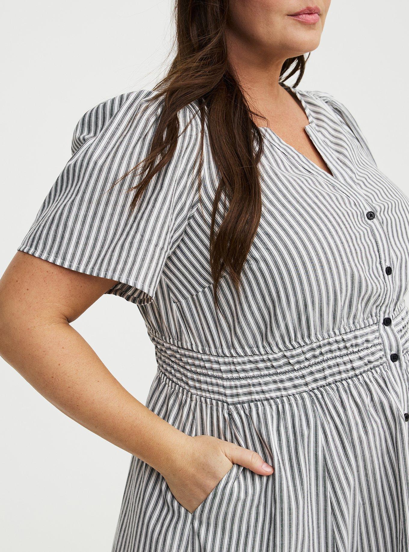 Y-Neck Tea Length Dress, MORA STRIPE WHITE, alternate