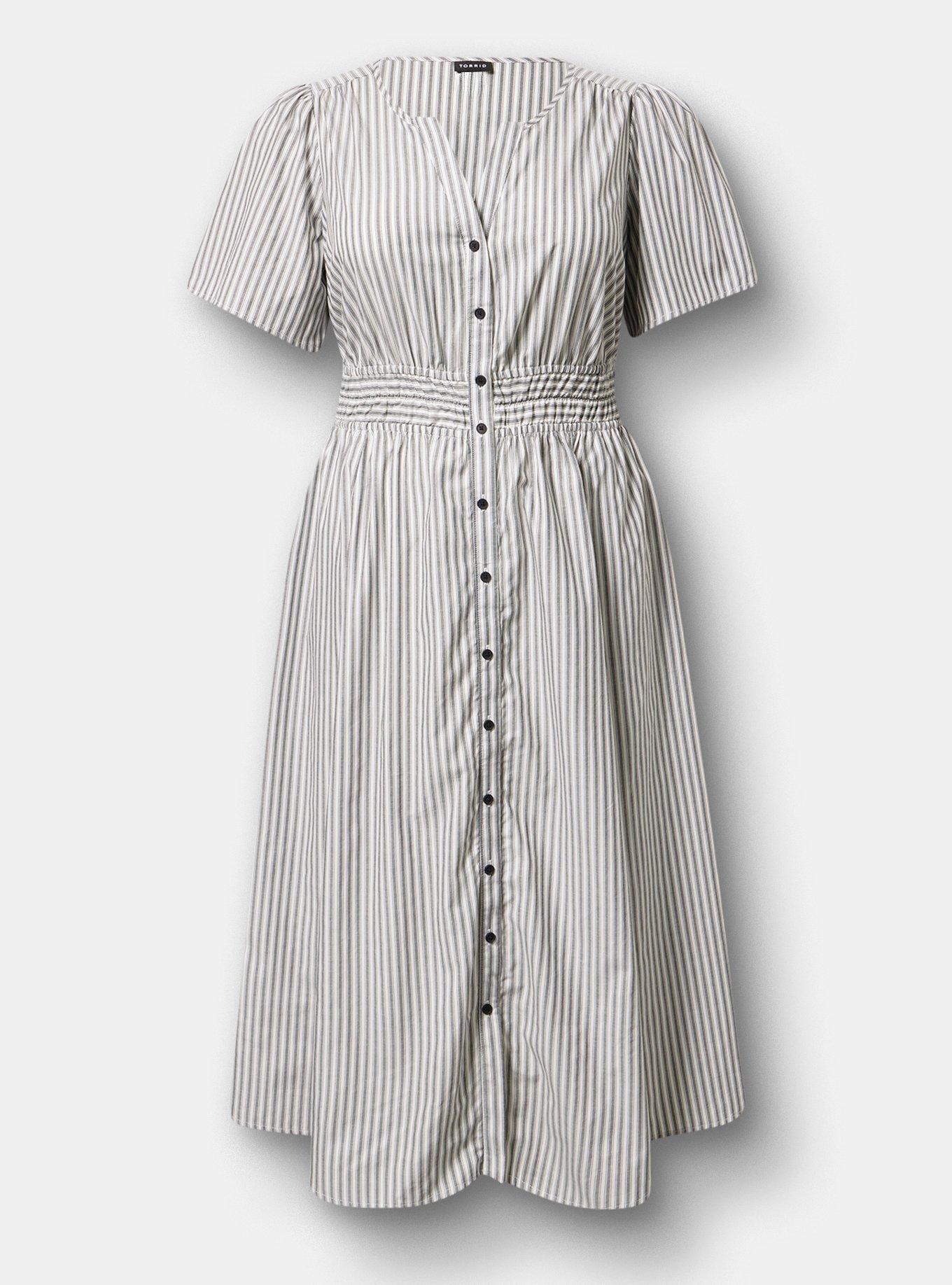 Y-Neck Tea Length Dress, MORA STRIPE WHITE, hi-res