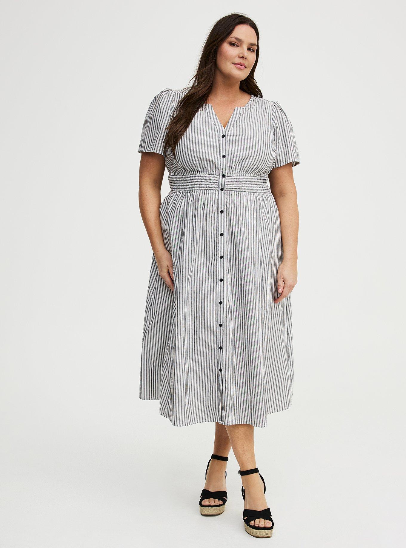 Y-Neck Tea Length Dress, MORA STRIPE WHITE, hi-res