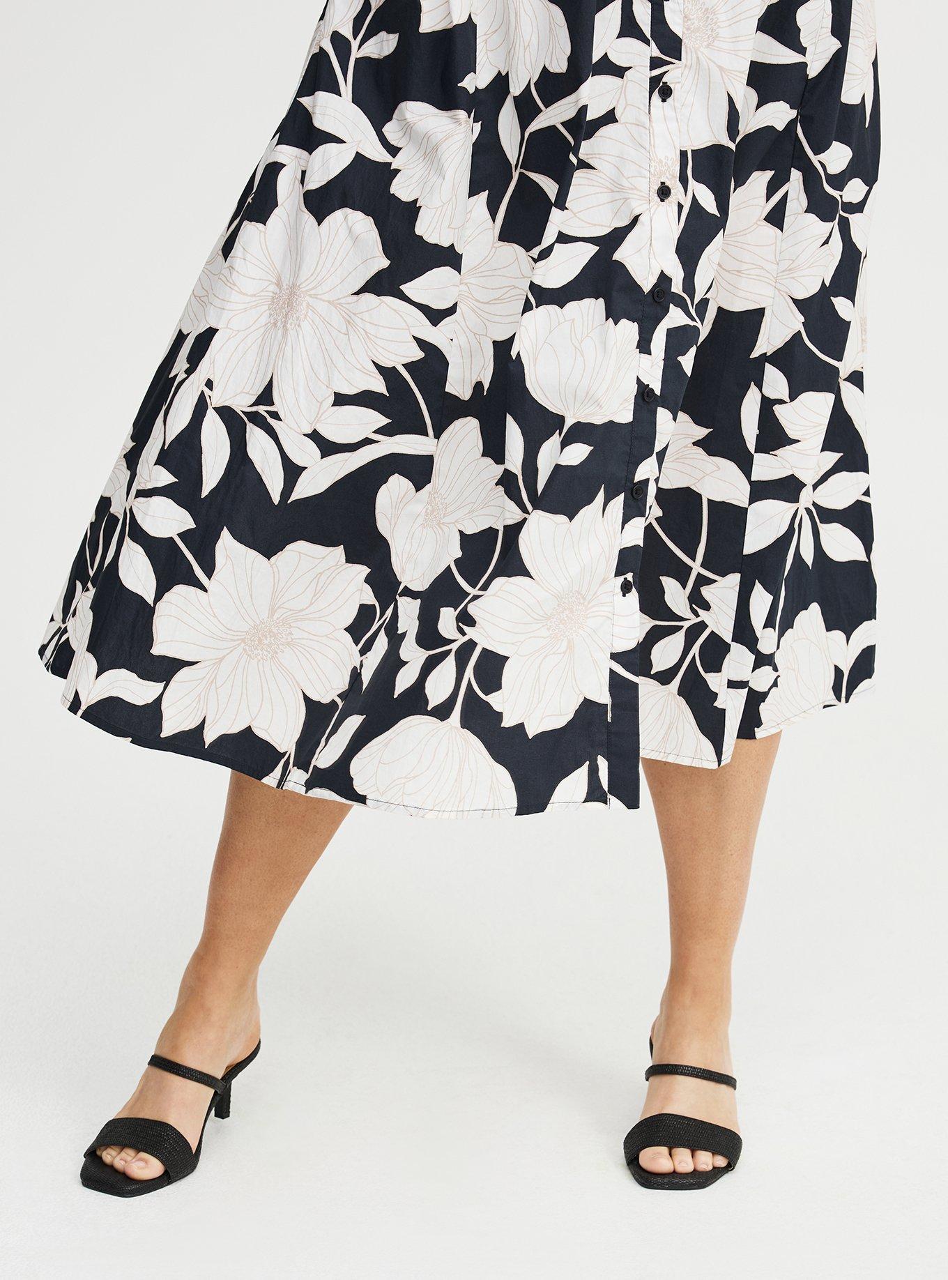 Y-Neck Tea Length Dress, BLUEPRINT FLORAL BLACK, alternate