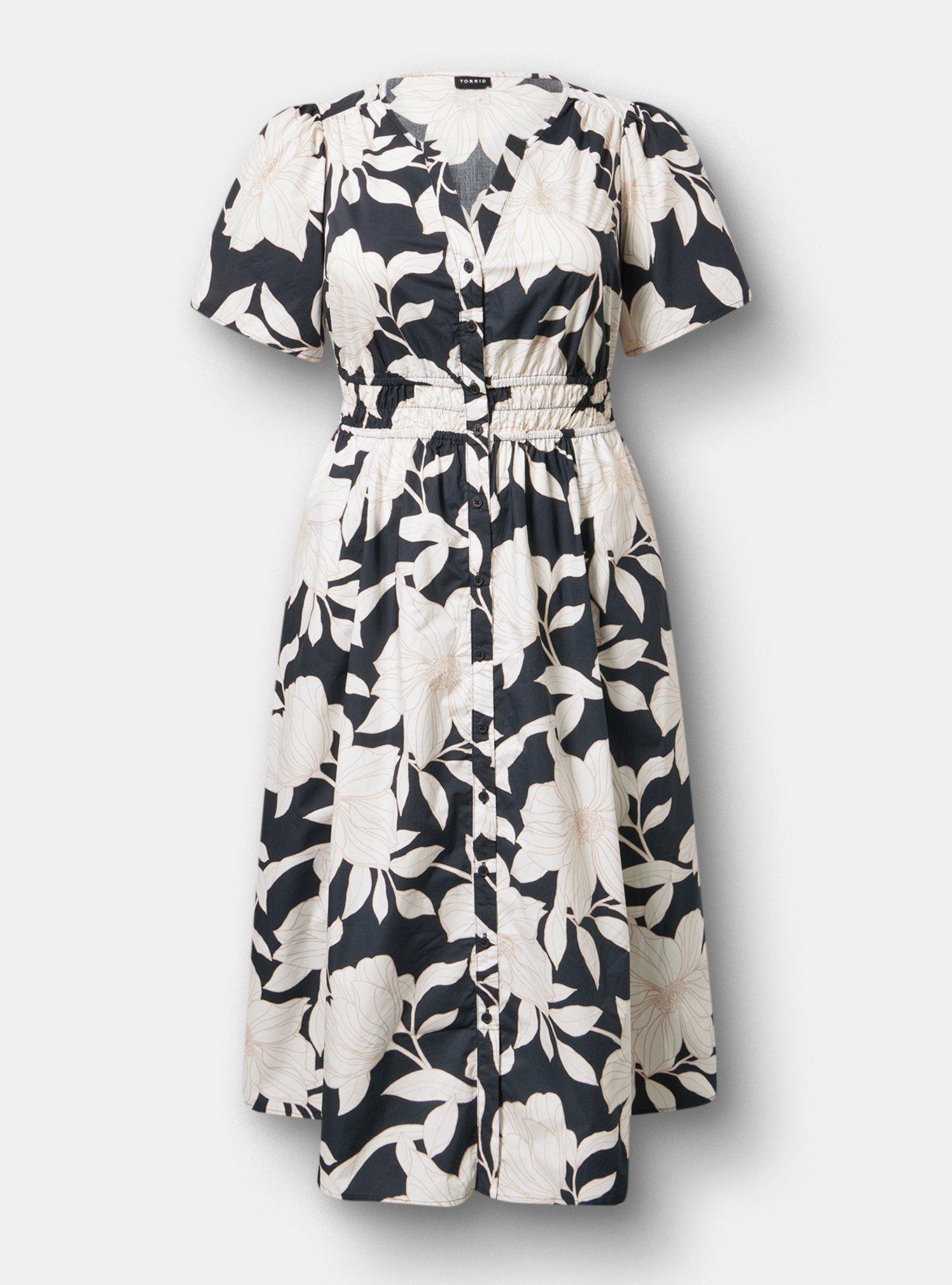 Y-Neck Tea Length Dress, BLUEPRINT FLORAL BLACK, hi-res
