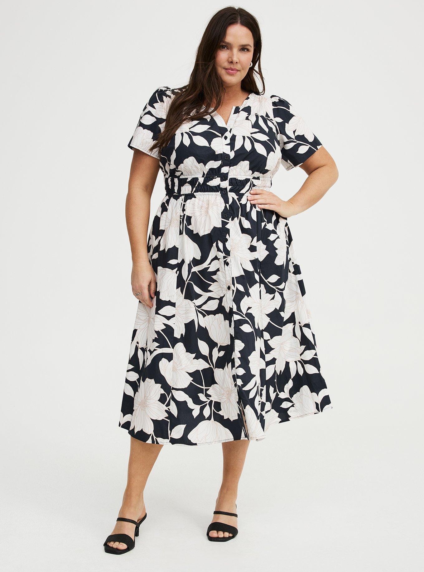 Y-Neck Tea Length Dress, BLUEPRINT FLORAL BLACK, hi-res