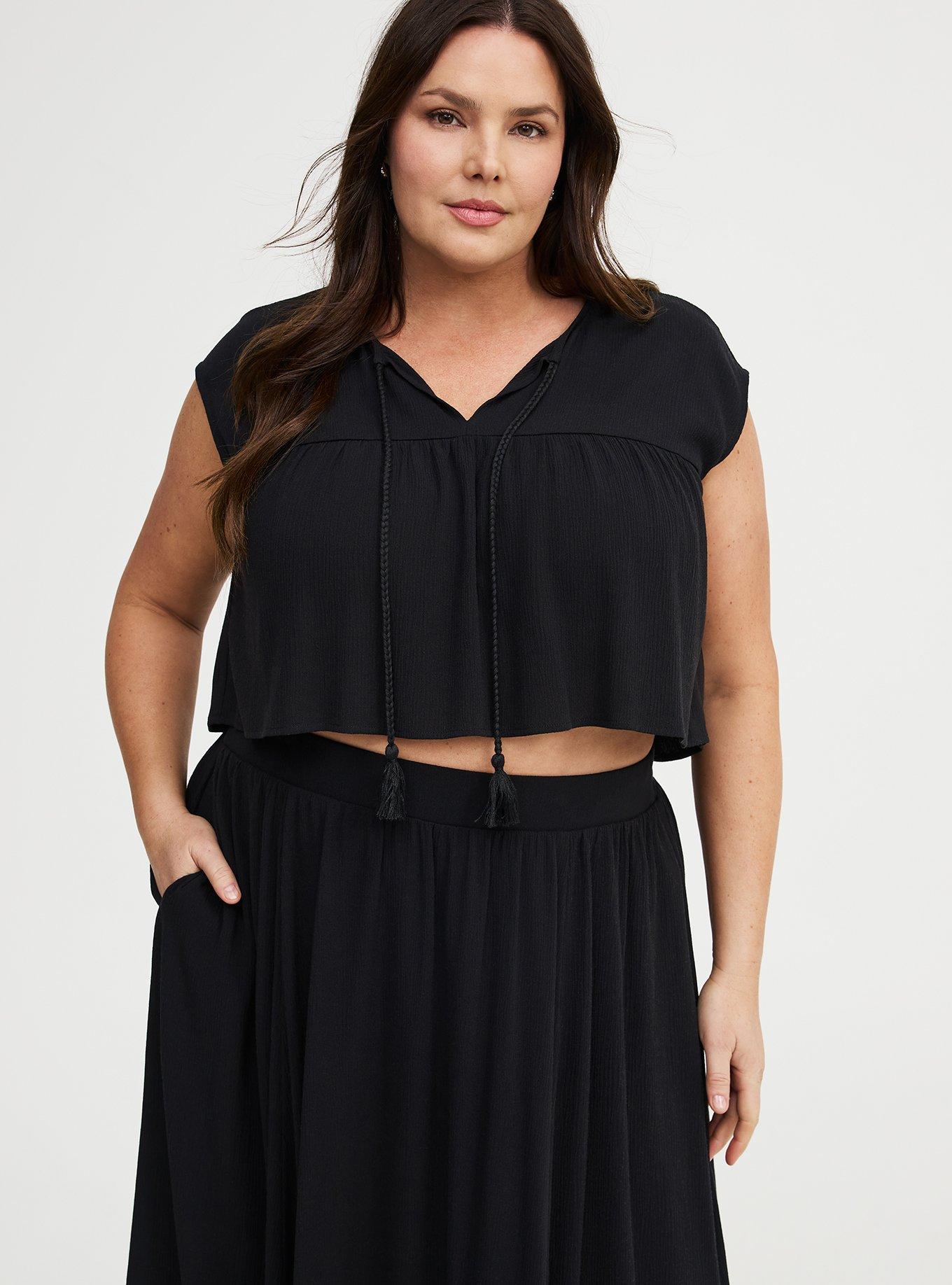 Crinkle Gauze Crop Top & Maxi Skirt Set, DEEP BLACK, alternate