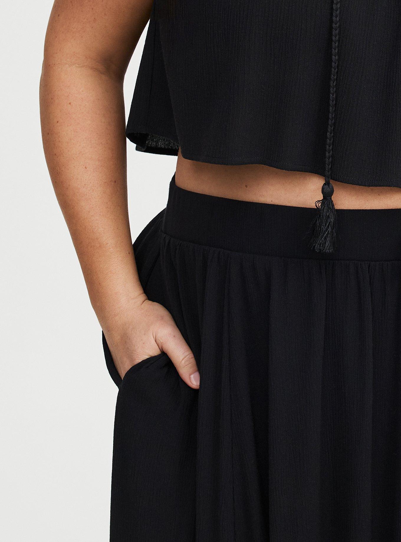 Crinkle Gauze Crop Top & Maxi Skirt Set, DEEP BLACK, alternate