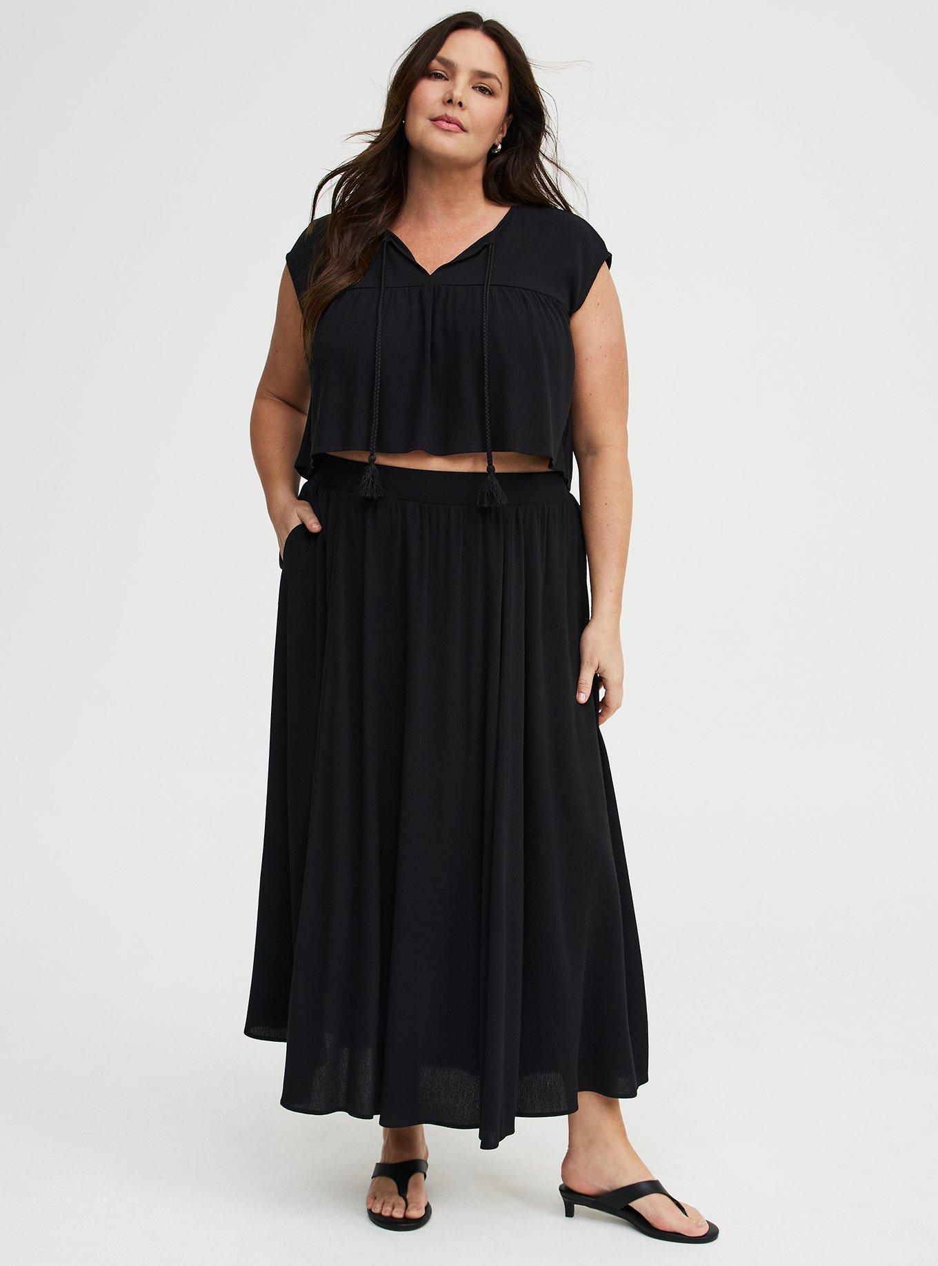 Crinkle Gauze Crop Top & Maxi Skirt Set, DEEP BLACK, hi-res