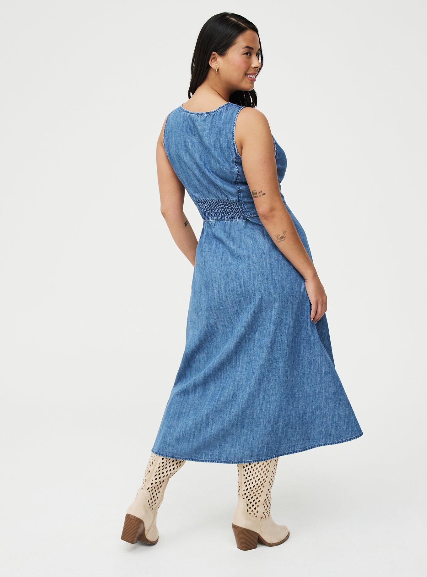 Button Front Denim Midi Dress, MEDIUM WASH, alternate