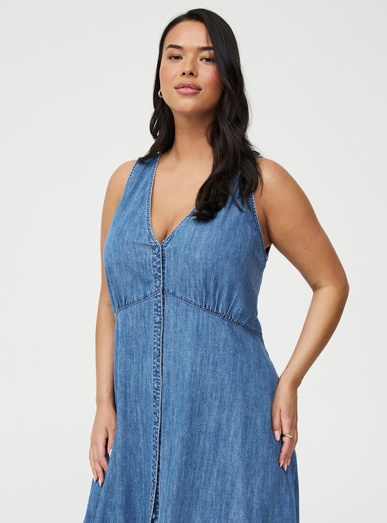 Button Front Denim Midi Dress, MEDIUM WASH, alternate