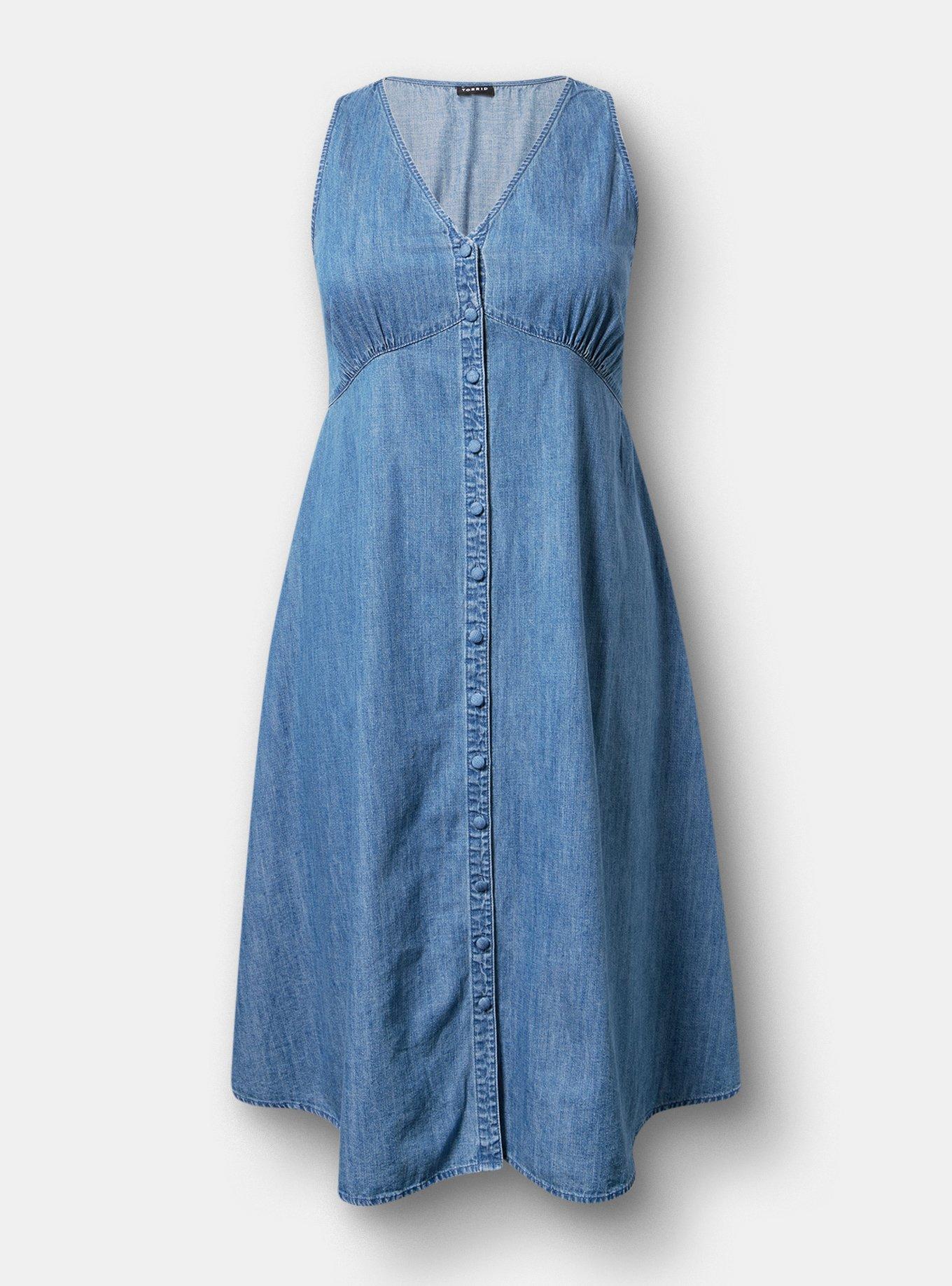 Button Front Denim Midi Dress, MEDIUM WASH, hi-res