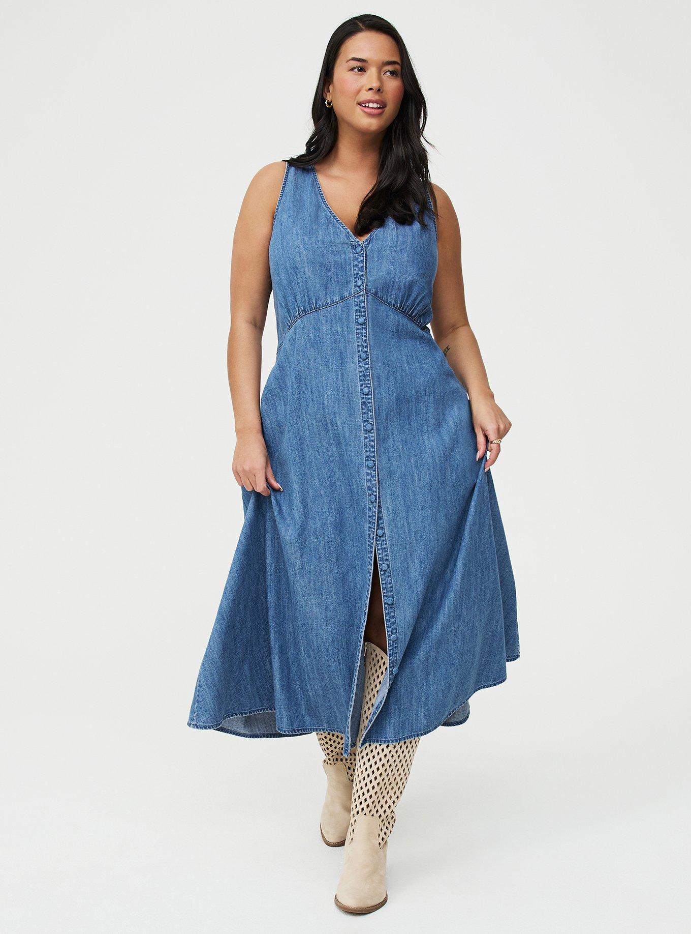 Button Front Denim Midi Dress, MEDIUM WASH, hi-res
