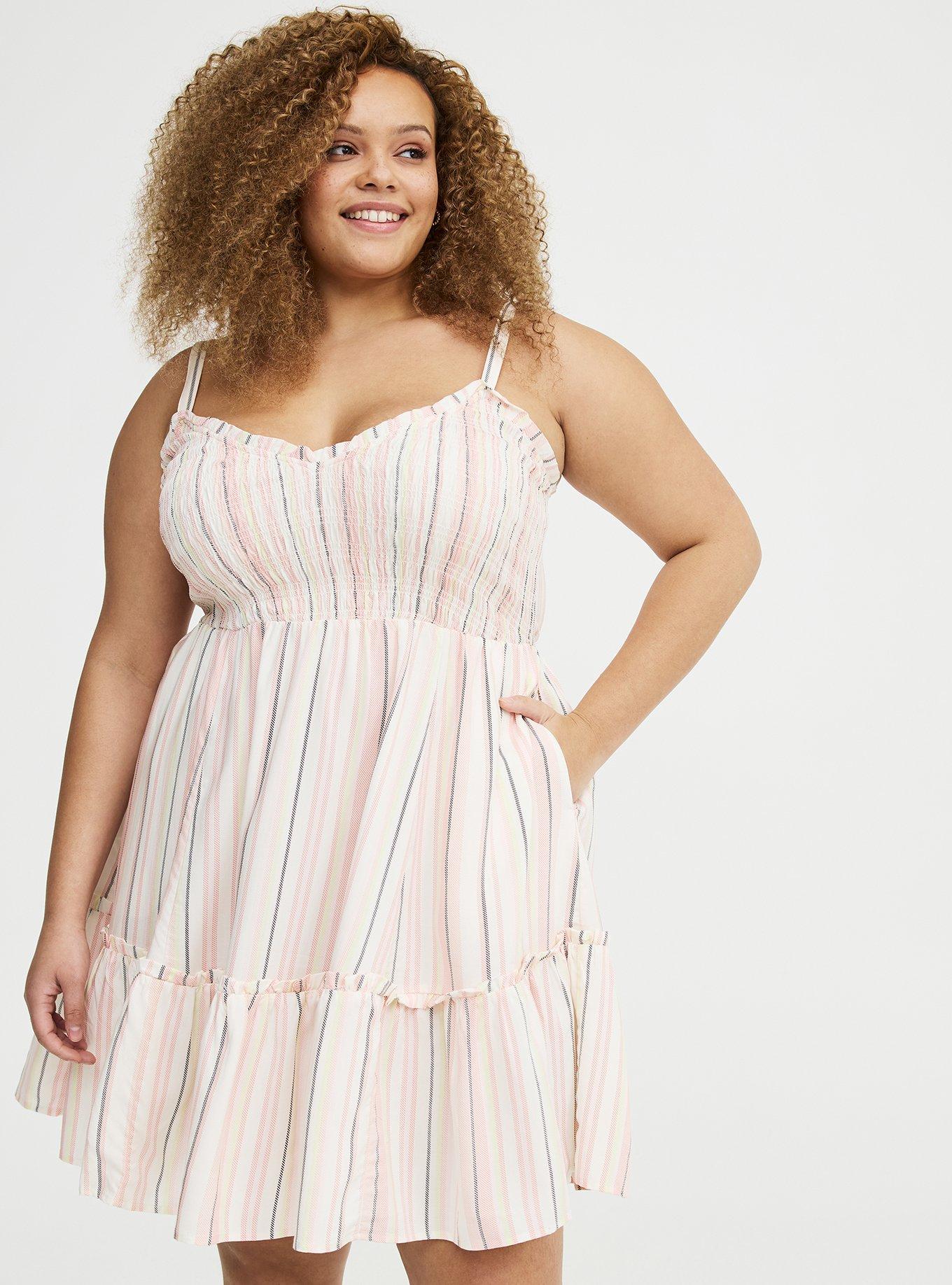 Smocked Bodice Mini Dress, CASEY STRIPE IVORY, hi-res