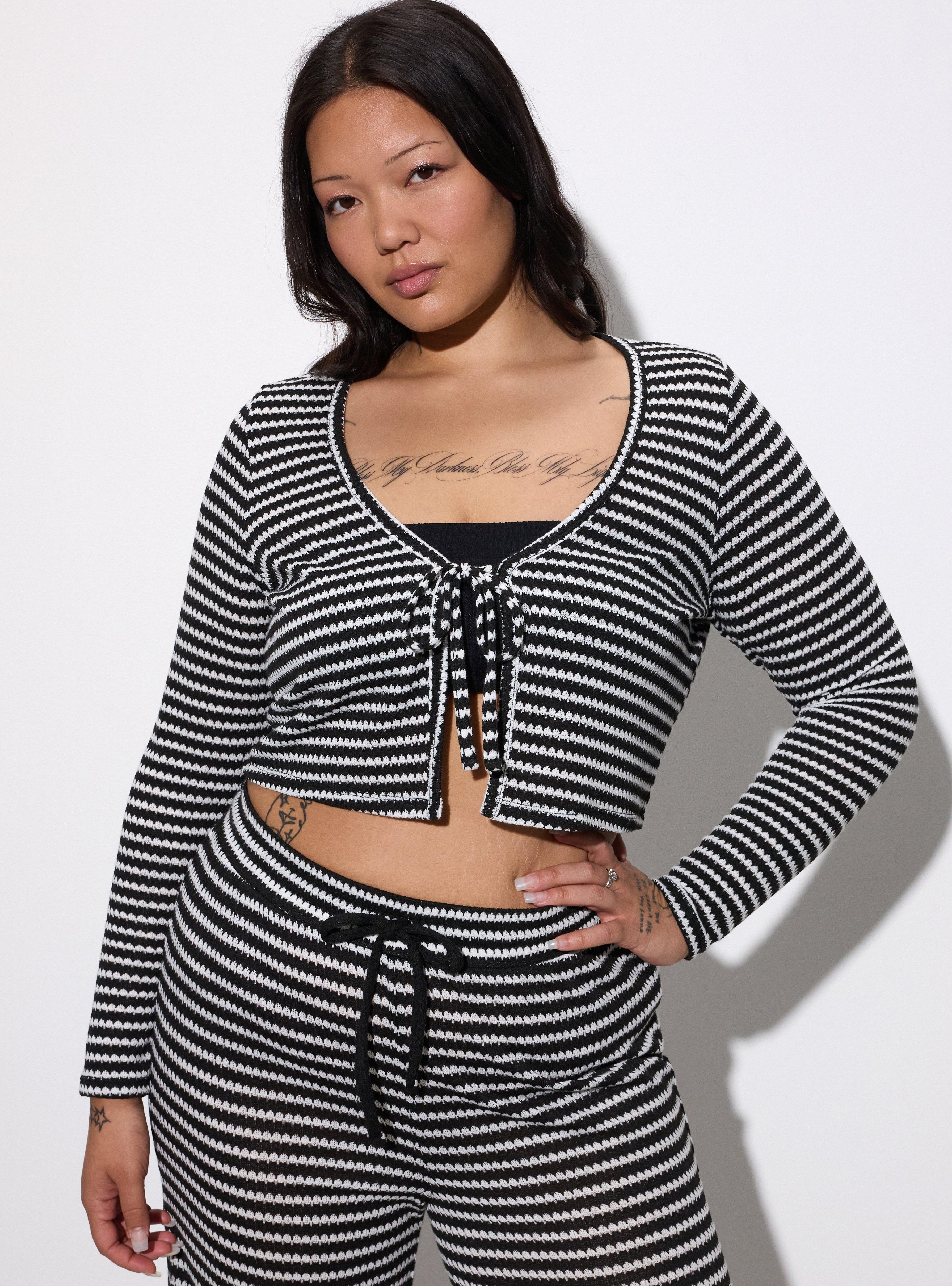 LoveSick Flyaway Jacquard Cardigan, LOVESICK KNIT STRIPE BLACK WHITE, hi-res