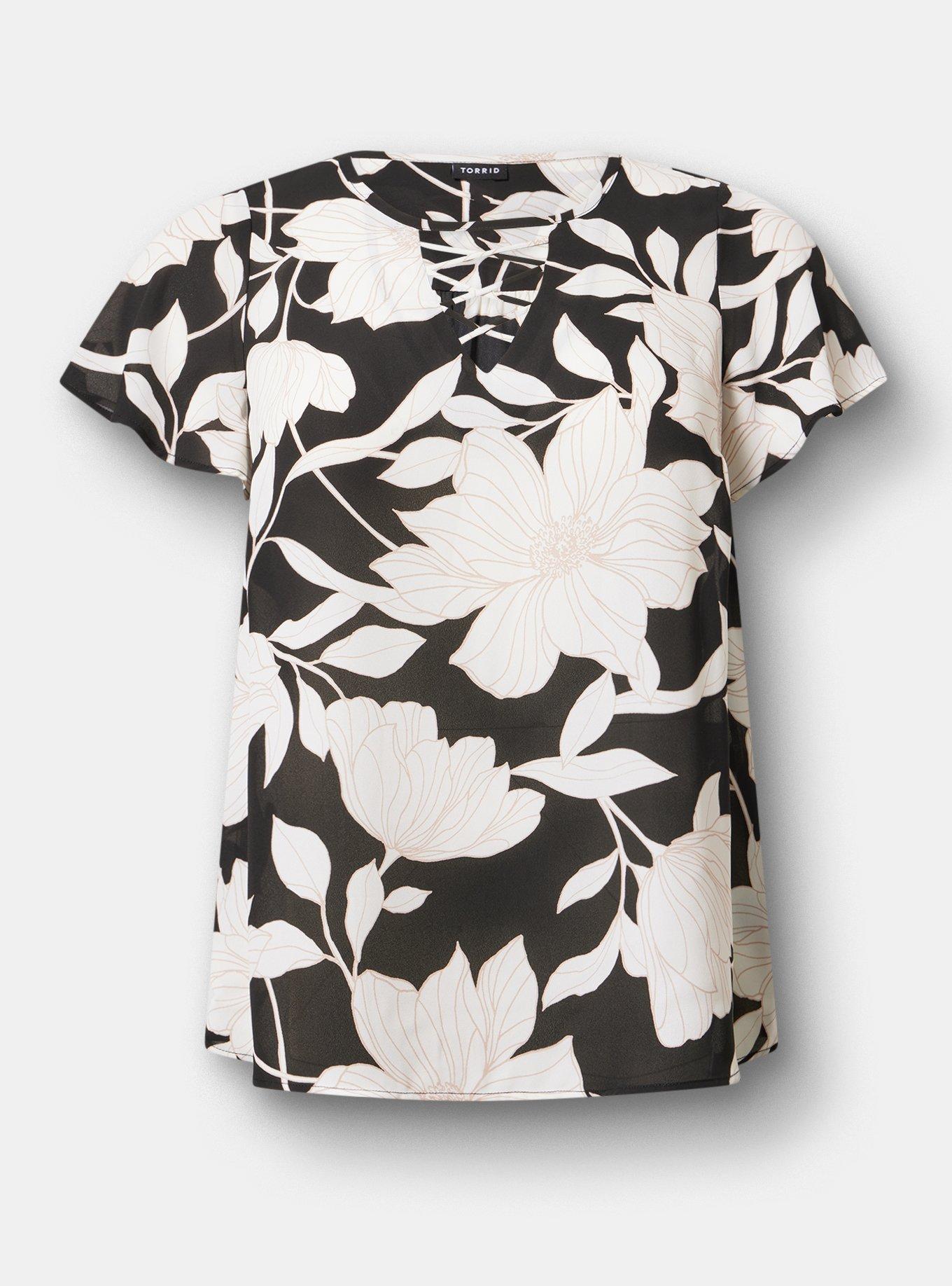 Lattice Flutter Sleeve Top, BLUEPRINT FLORAL BLACK, hi-res