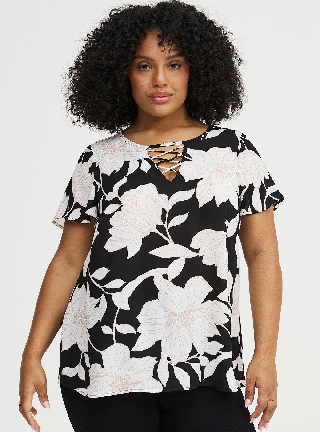 Lattice Flutter Sleeve Top, BLUEPRINT FLORAL BLACK, hi-res