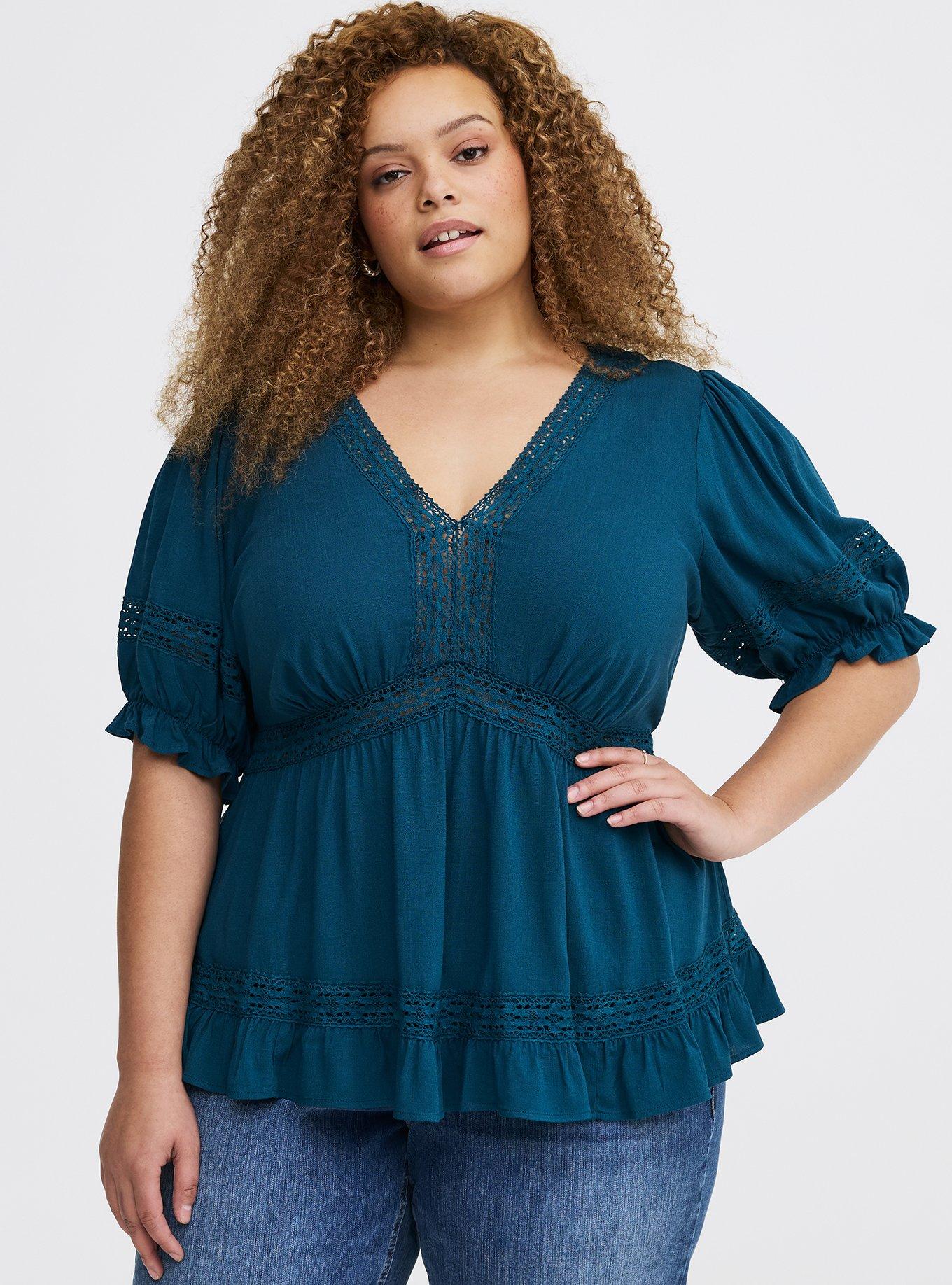 Lace Trim Babydoll Top, LEGION BLUE, hi-res