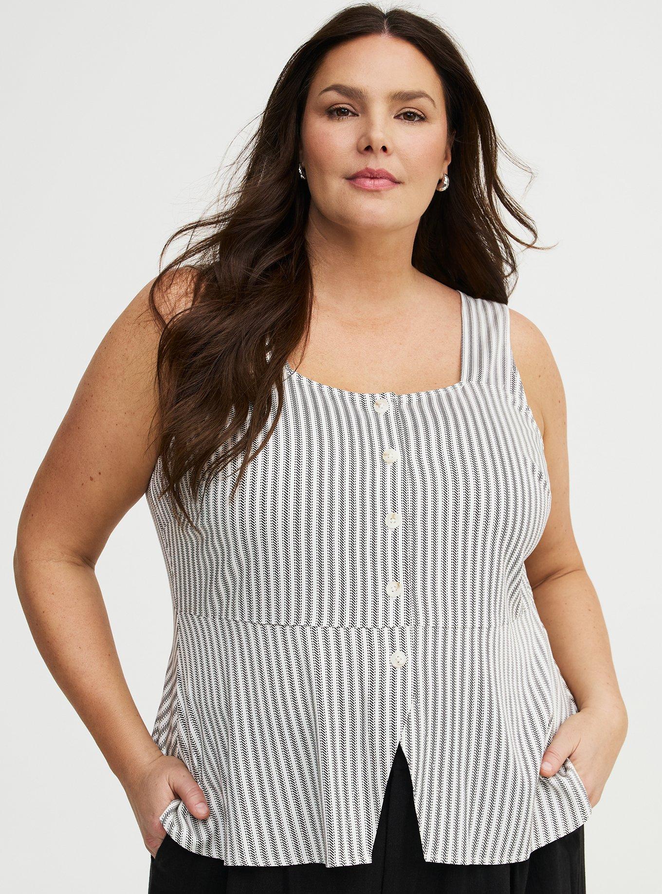 Button Front Peplum Tank, MORA STRIPE WHITE, hi-res