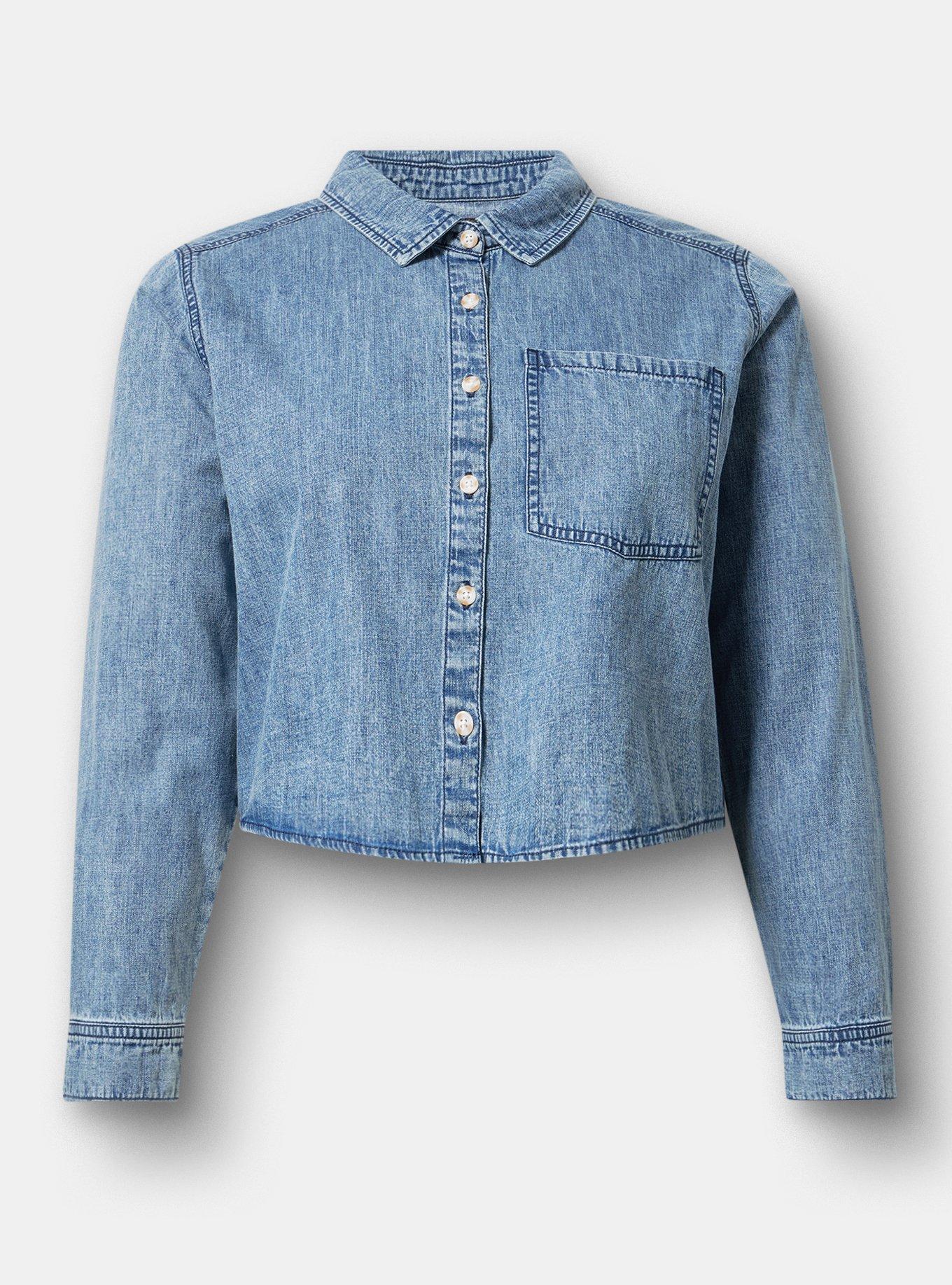 Cropped Denim Shirt, LIGHT WASH, hi-res